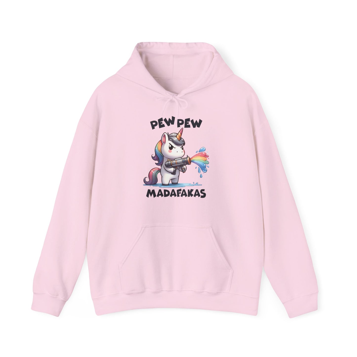 Front view of a pink hoodie featuring the text "Pew Pew Madafakas" and a cartoon illustration of a unicorn holding a rainbow water gun. Part of the Vivid Divergence Sensory Friendly Unisex Hoodie Range.