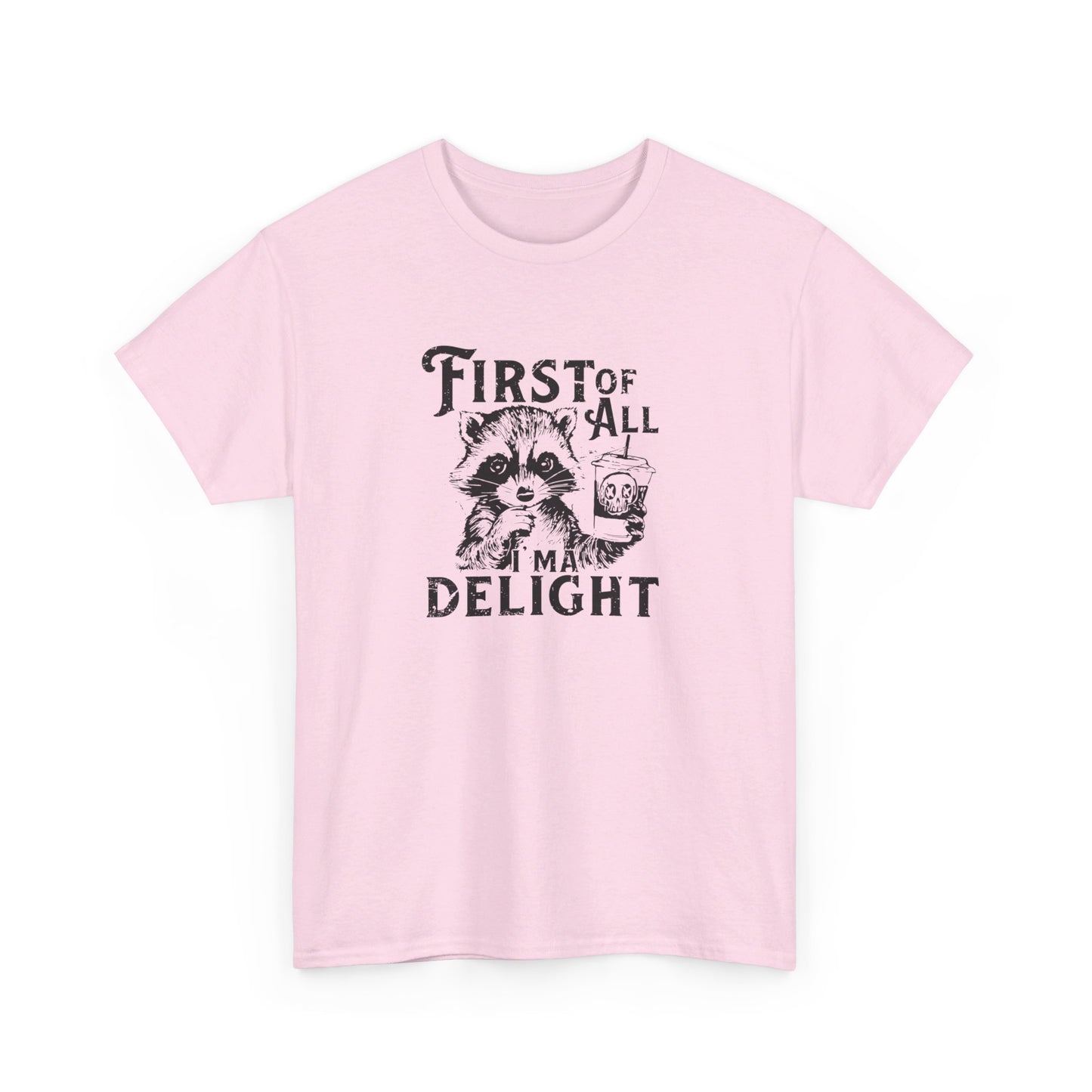 Front view of a pink T-shirt with "First of All Delight" text and graphic design. Part of the Vivid Divergence Sensory Friendly Unisex Tees Range.
