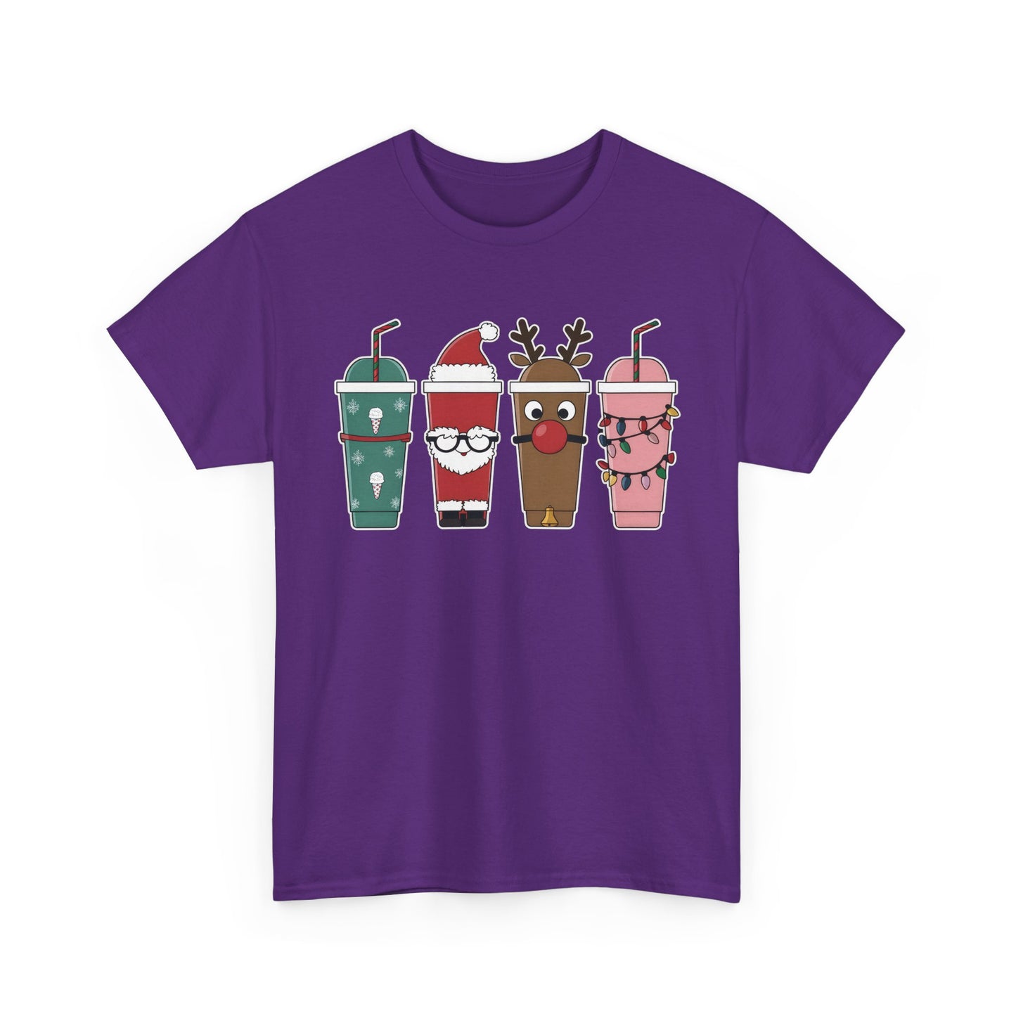 Front view of a purple T-shirt featuring a festive illustration of four iced coffee cups decorated with Christmas designs, including reindeer, Santa, and holiday patterns. Part of the Vivid Divergence Sensory Friendly Unisex Tees Range.