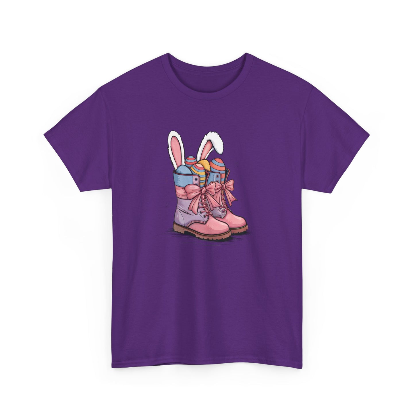 Purple Easter T-shirt showcasing cowgirl boots filled with Easter eggs and bunny ears, a stylish and trendy holiday choice. Hop into the season in style and shop Easter shirts online today!