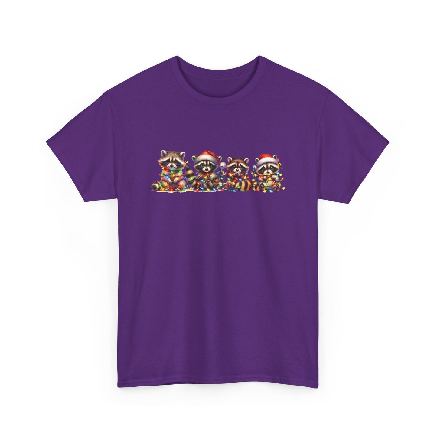 Front view of a purple T-shirt featuring a festive illustration of raccoons in Christmas attire causing holiday chaos. Part of the Vivid Divergence Sensory Friendly Unisex Tees Range.