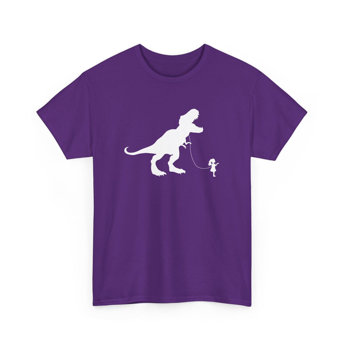 Front view of a purple T-shirt featuring a white silhouette of a girl walking a T-Rex on a leash. Part of the Vivid Divergence Sensory Friendly Unisex Tees Range.