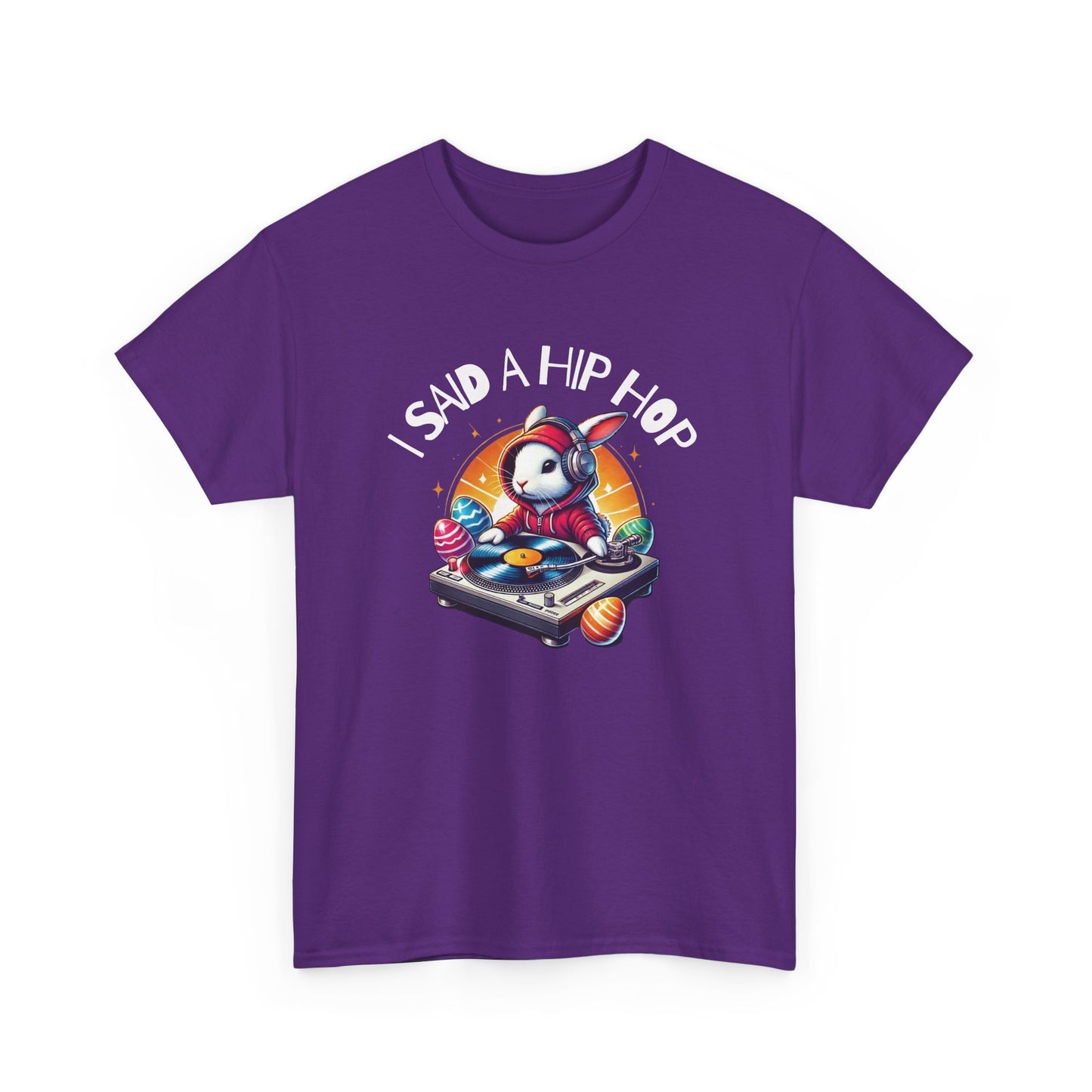 Purple Easter T-shirt showcasing a retro-style rapping Easter bunny and "I Said A Hip Hop" text, a perfect holiday remix. Hop into the season in style and shop Easter shirts online today!