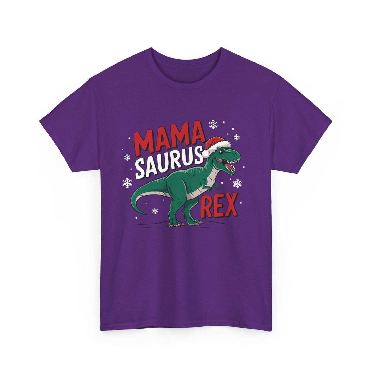 Front view of a purple T-shirt featuring a "Mama-Saurus Rex" design with a festive dinosaur illustration. Part of the Vivid Divergence Sensory Friendly Unisex Tees Range.