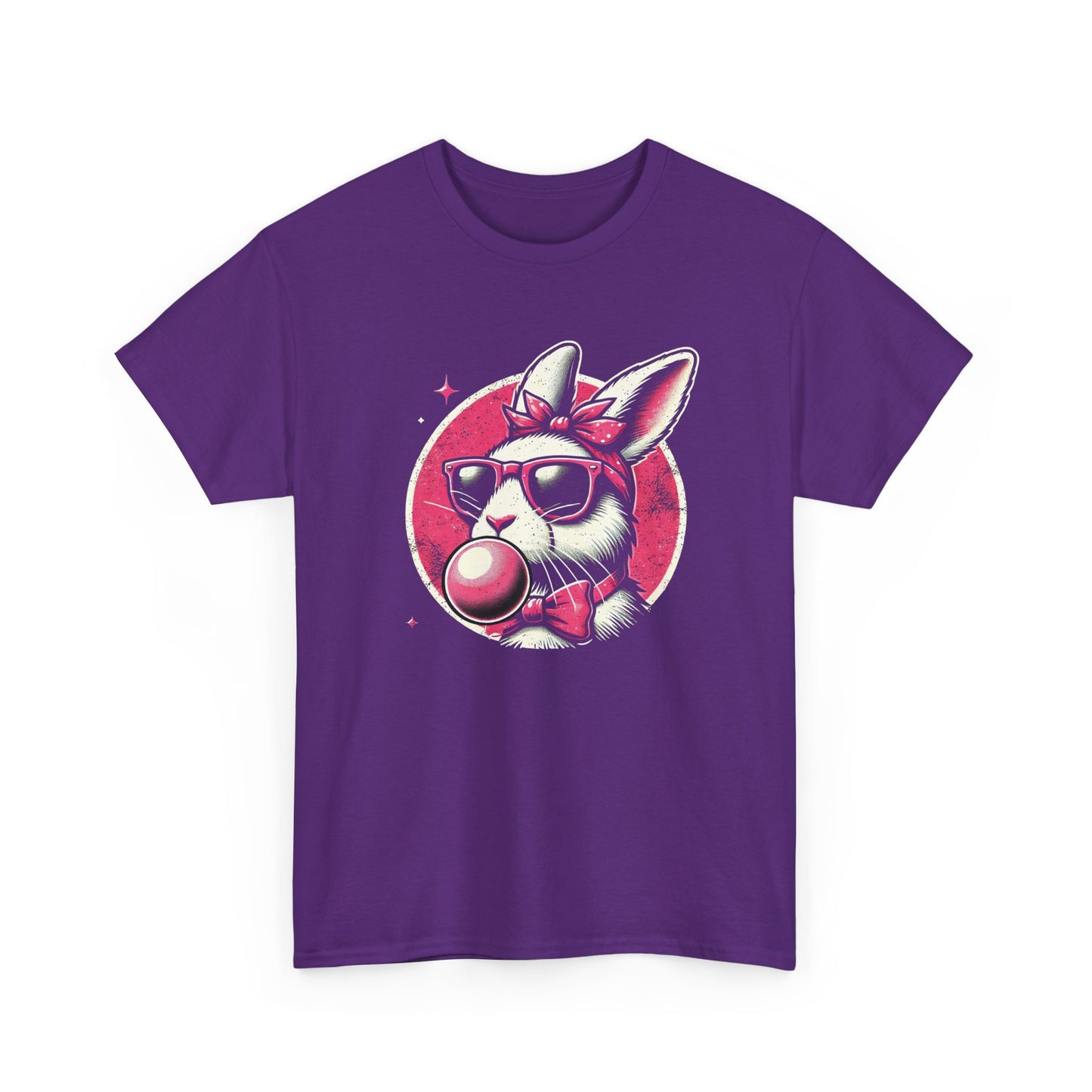 Purple Easter T-shirt featuring a cool bunny in sunglasses blowing bubblegum, adding retro flair to Easter fashion. Hop into the season in style and shop Easter shirts online today!