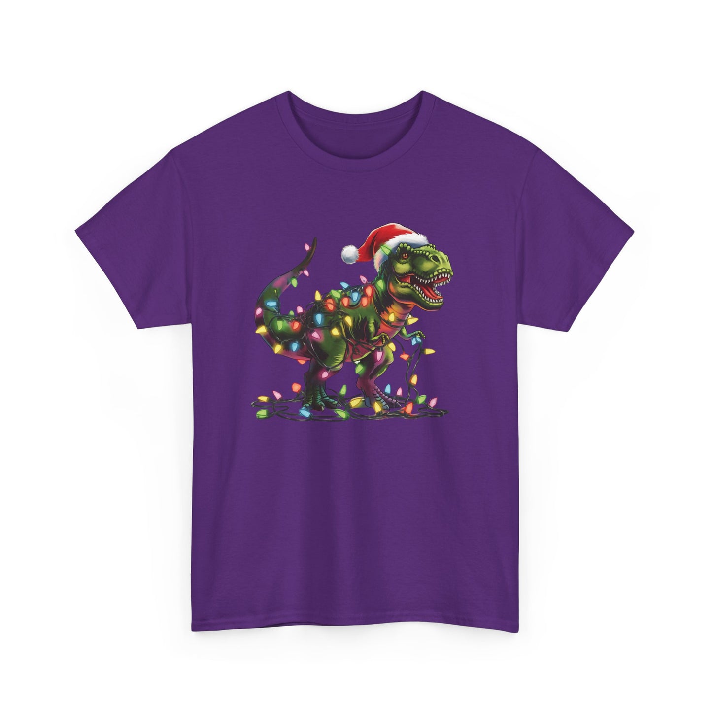 Purple T-shirt featuring a holiday T-Rex wrapped in Christmas lights with a Santa hat. Part of the Vivid Divergence Sensory Friendly Unisex Tees Range.