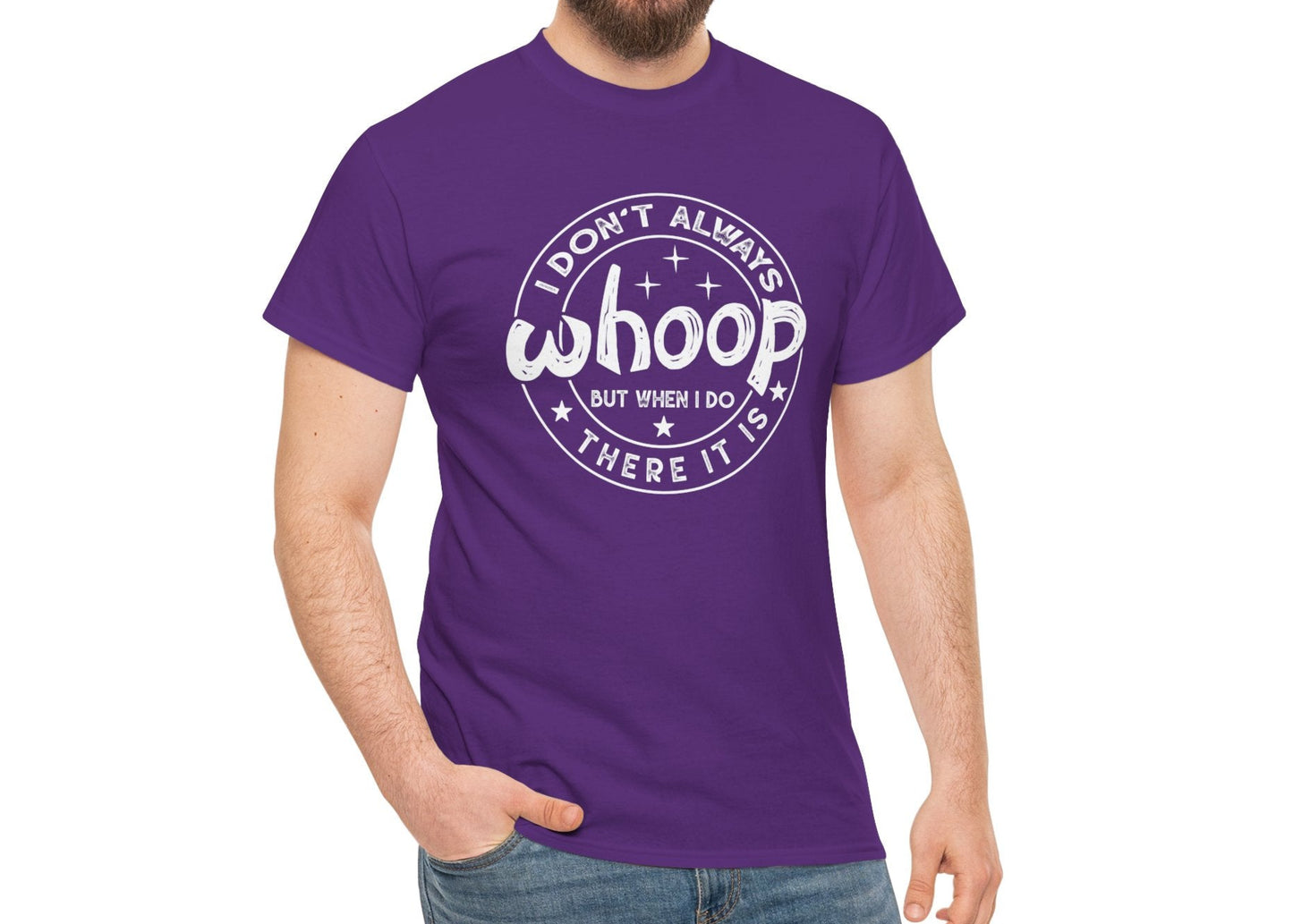 Purple retro graphic Unisex T-shirt with "I Don't Always Whoop But When I Do There It Is" white text design, worn by male model for display. Part of the Vivid Divergence Sensory-Friendly But Fun Tee Collection.