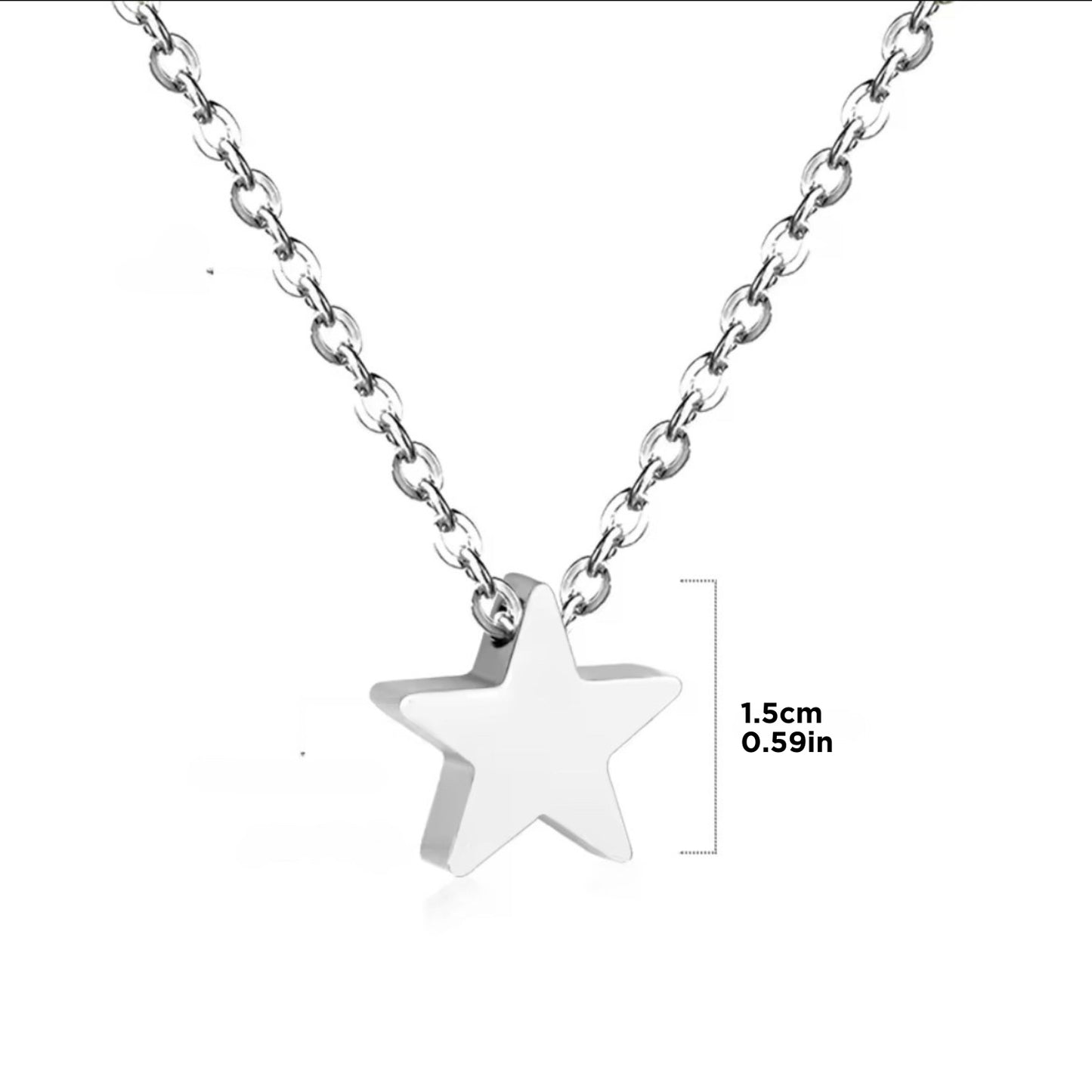 Radiant Star Necklace shown with measurements for the silver star pendant and chain length.