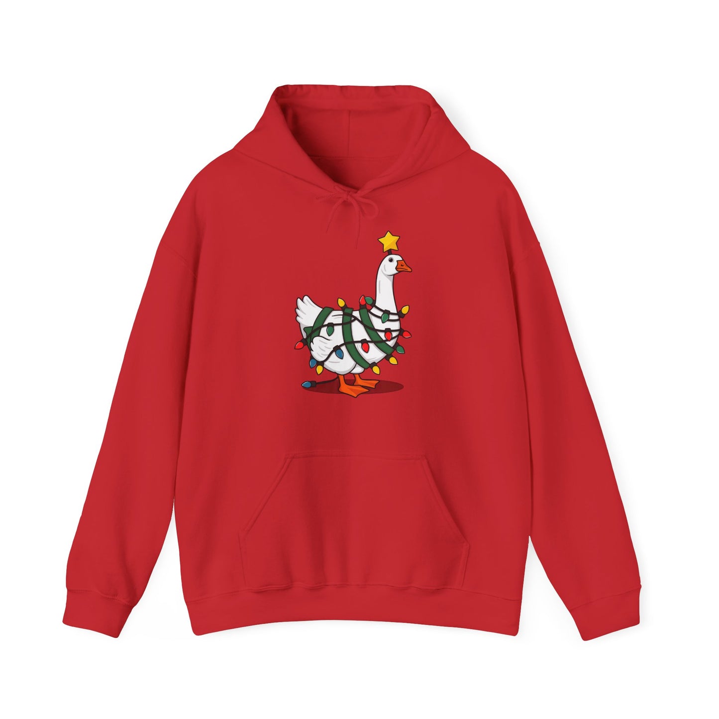 Front view of a red hoodie featuring a festive illustration of a goose wearing a Santa hat and stringing Christmas lights, with the text "Goose on the Loose." Part of the Vivid Divergence Sensory Friendly Unisex Hoodie Range.