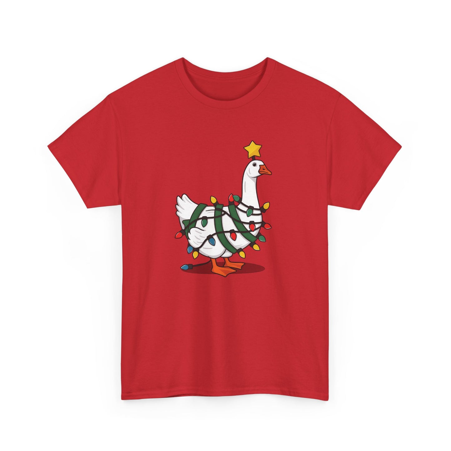 Front view of a red T-shirt featuring a festive illustration of a goose wearing a Santa hat and stringing Christmas lights, with the text "Goose on the Loose." Part of the Vivid Divergence Sensory Friendly Unisex Tees Range.