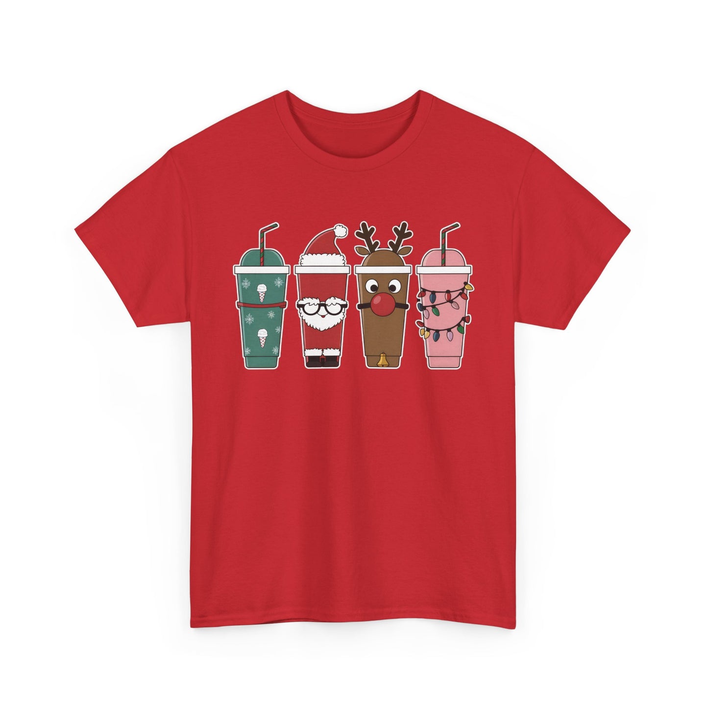 Front view of a red T-shirt featuring a festive illustration of four iced coffee cups decorated with Christmas designs, including reindeer, Santa, and holiday patterns. Part of the Vivid Divergence Sensory Friendly Unisex Tees Range.