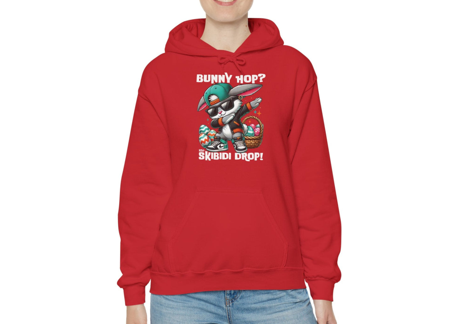Woman in red hoodie with Dabbing Bunny Hop Skibidi Drop Easter print. Part of the Vivid Divergence Sensory Friendly Unisex Hoodies Range.