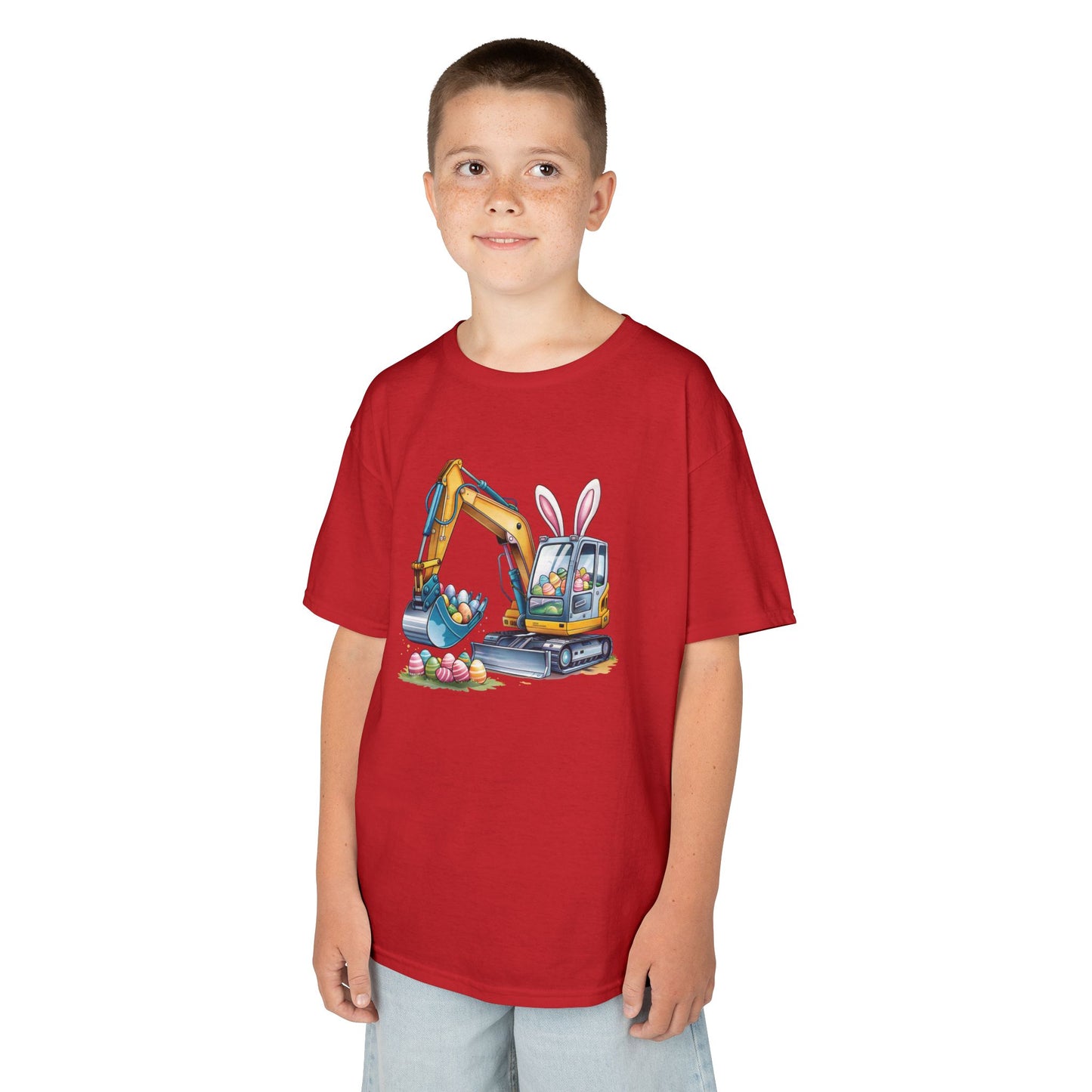 Child wearing a red Easter T-shirt featuring a construction excavator lifting eggs, a cool and unique holiday look. Hop into the season in style and shop Easter shirts online today!