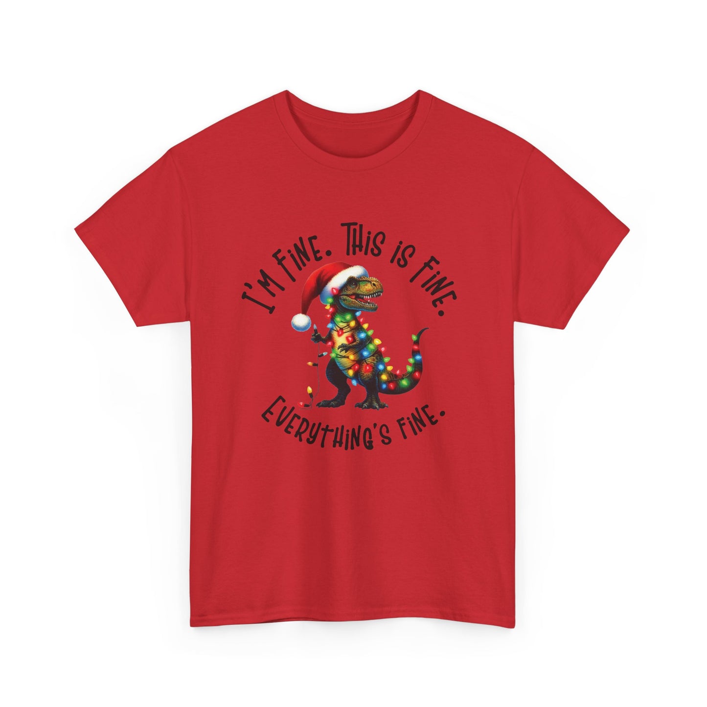 Front view of a red T-shirt featuring a festive illustration of a dinosaur tangled in Christmas lights with the text "I’m Fine. This is Fine. Everything is Fine." Part of the Vivid Divergence Sensory Friendly Unisex Tees Range.
