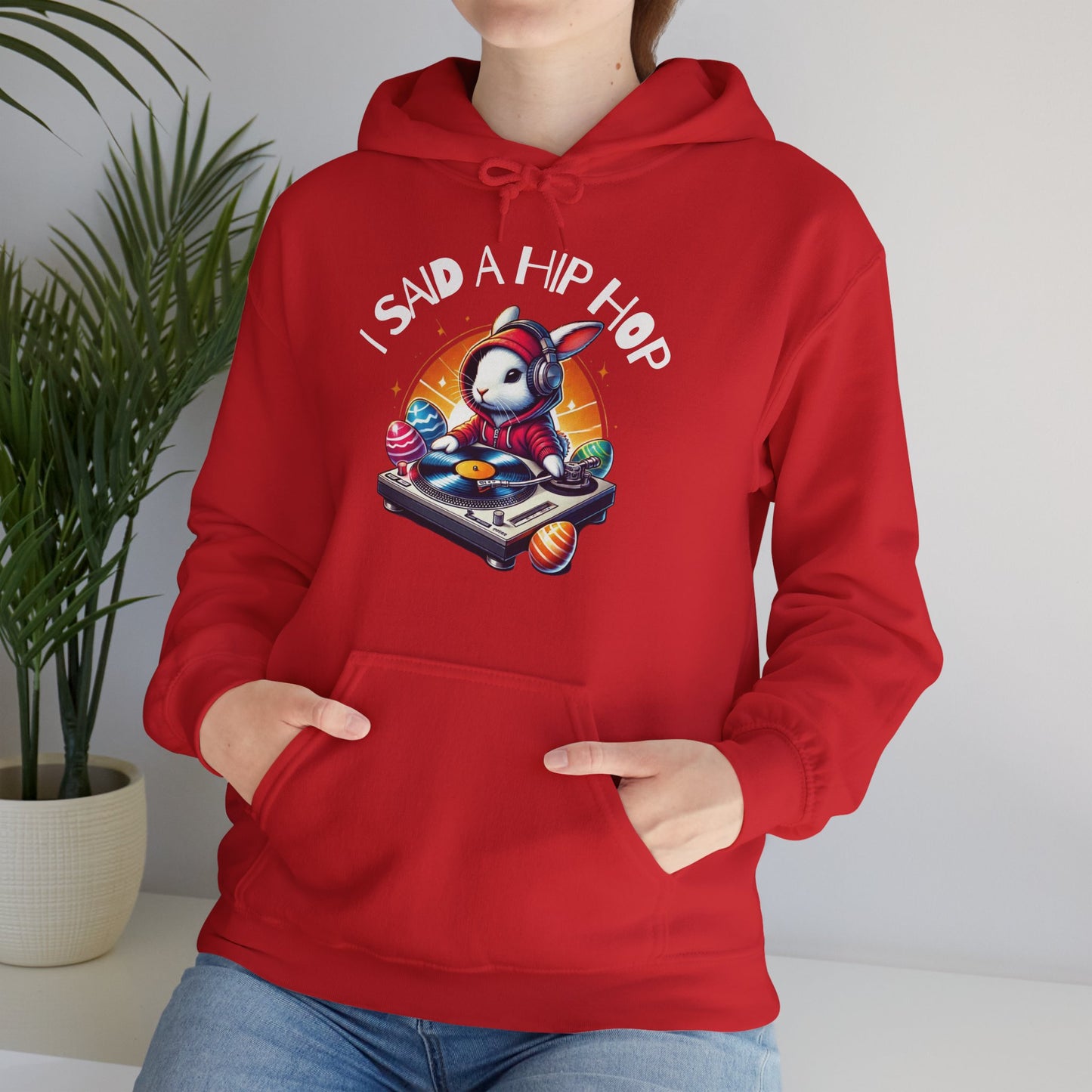 Close-up of red hoodie with “I Said A Hip Hop” Easter bunny graphic. Part of the Vivid Divergence Sensory Friendly Unisex Hoodies Range.