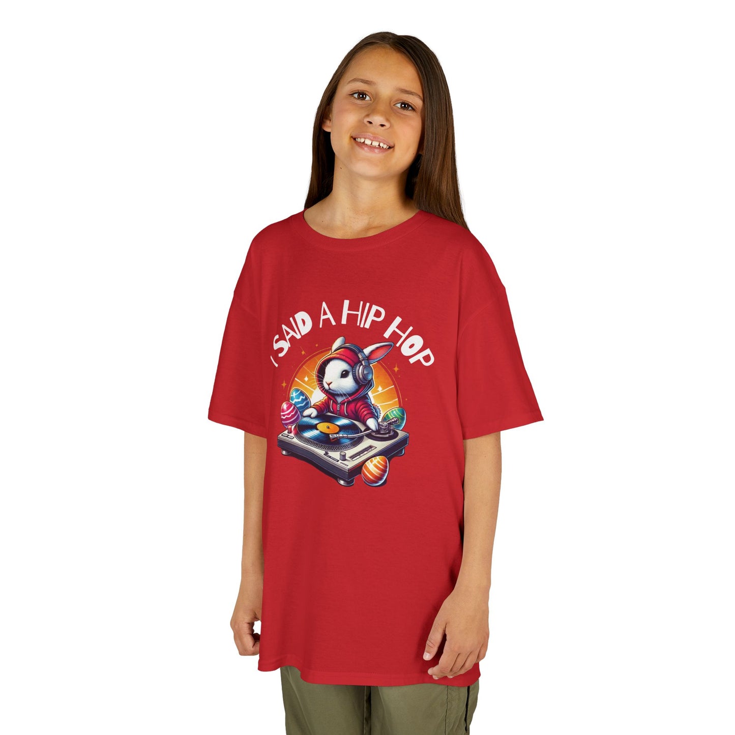 Child wearing a red Easter T-shirt with a rap-inspired Easter bunny and "I Said A Hip Hop" text, a fresh and fun holiday outfit. Hop into the season in style and shop Easter shirts online today!