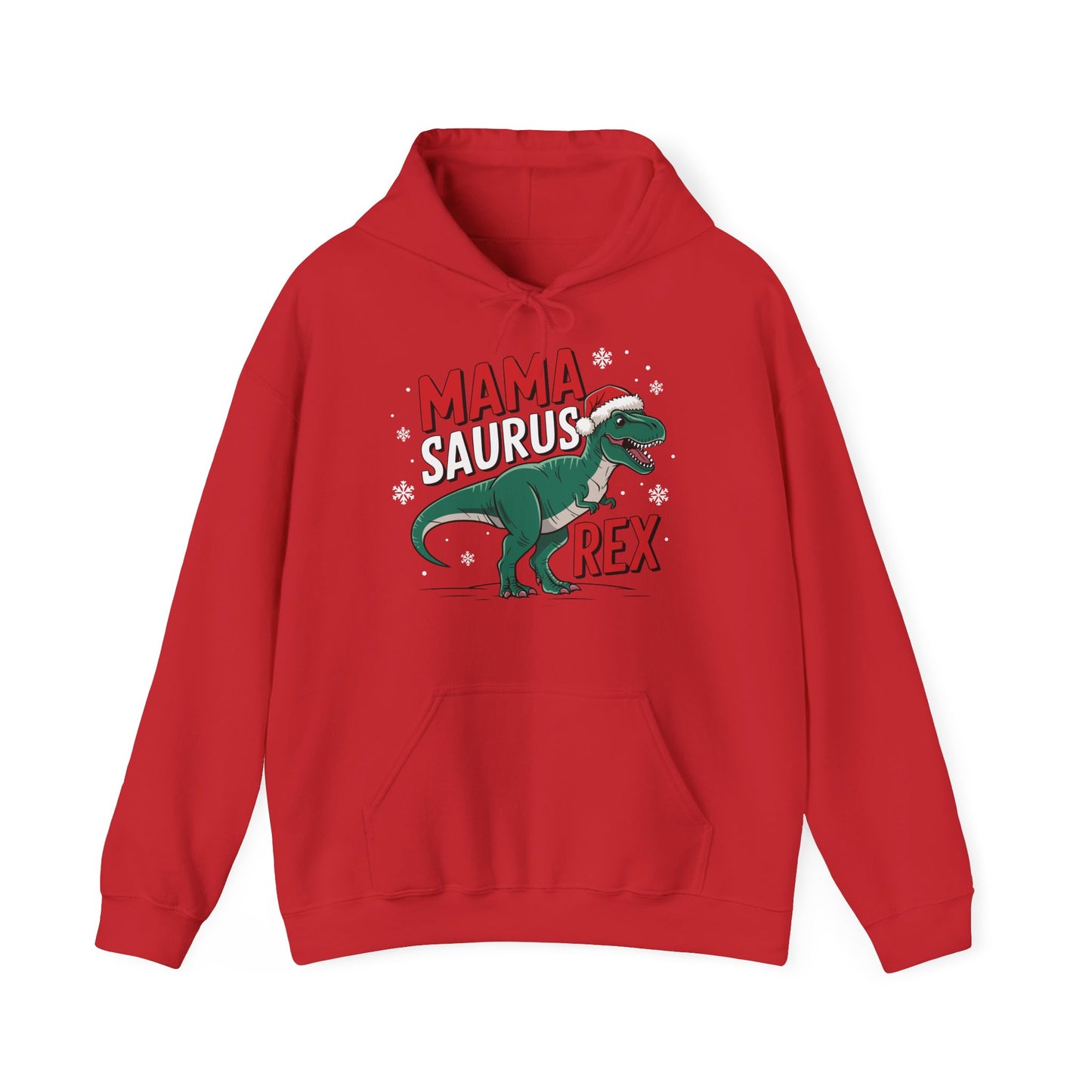 Front view of a red hoodie featuring a "Mama-Saurus Rex" design with a festive dinosaur illustration. Part of the Vivid Divergence Sensory Friendly Unisex Hoodie Range.