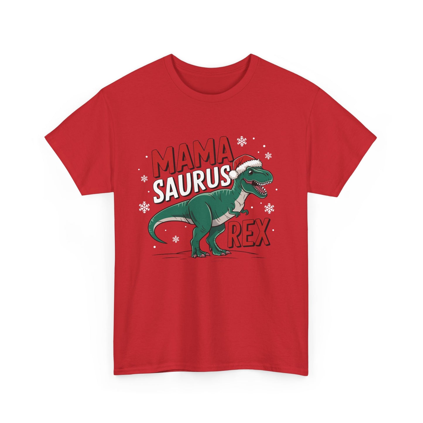 Front view of a red T-shirt featuring a "Mama-Saurus Rex" design with a festive dinosaur illustration. Part of the Vivid Divergence Sensory Friendly Unisex Tees Range.