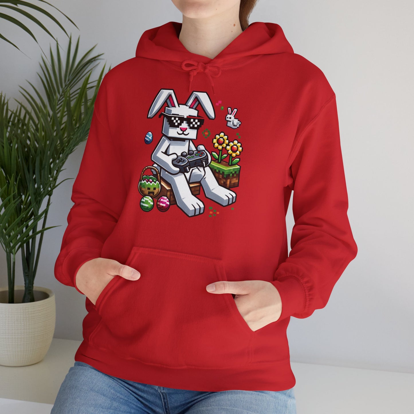 Close-up of red hoodie with Minecraft-style bunny and Easter eggs. Part of the Vivid Divergence Sensory Friendly Unisex Hoodies Range.
