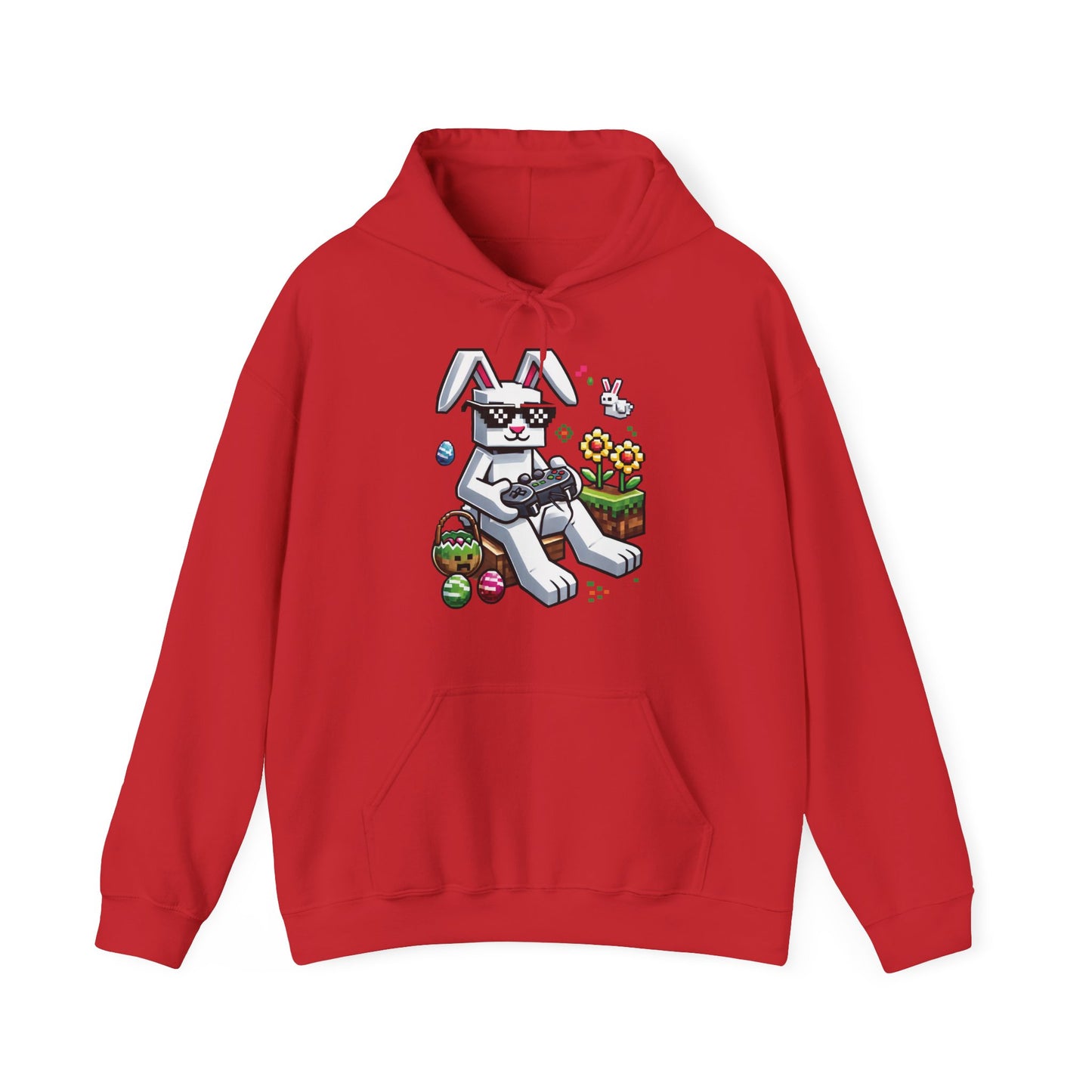 Front view of red hoodie with pixel-style Minecraft bunny and Easter eggs. Part of the Vivid Divergence Sensory Friendly Unisex Hoodies Range.