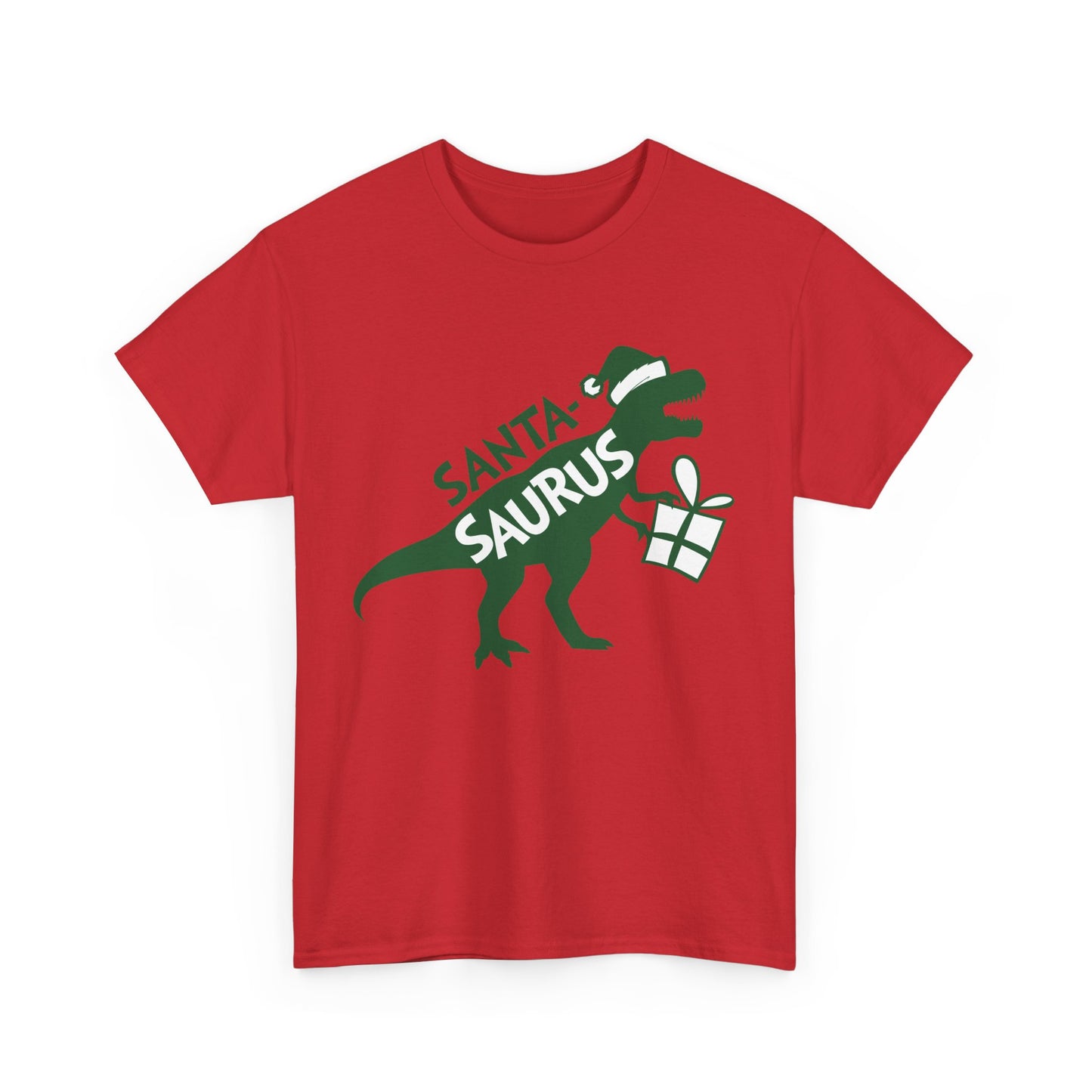 Front view of a red T-shirt featuring a "Santa-Saurus Rex" design with a red dinosaur wearing a Santa hat and carrying a gift. Part of the Vivid Divergence Sensory Friendly Unisex Tees Range.