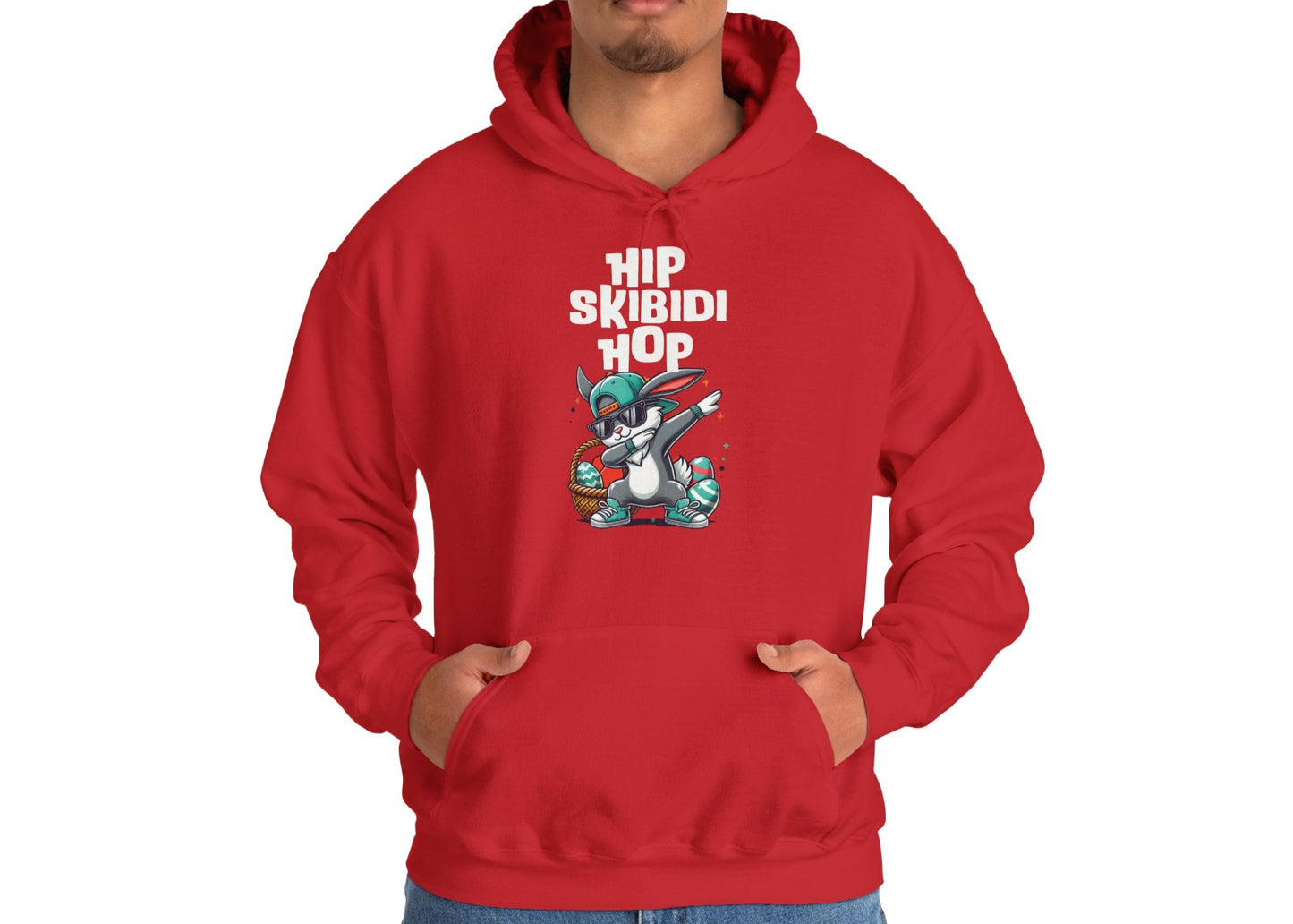 Man in red hoodie with Skibidi dab bunny and Easter hip hop graphic. Part of the Vivid Divergence Sensory Friendly Unisex Hoodies Range.