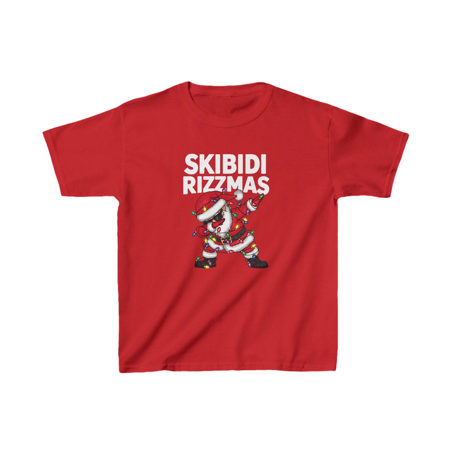 Red kids' T-shirt featuring a dabbing Santa and "Skibidi Rizzmas" text. Part of the Vivid Divergence Sensory Friendly Unisex Tees Range.