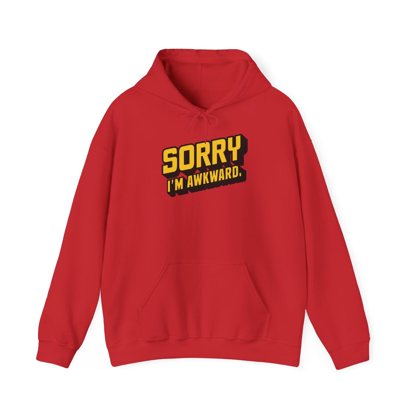 Front view of a red hoodie featuring the text "Sorry I'm Awkward" in bold yellow and white lettering. Part of the Vivid Divergence Sensory Friendly Unisex Hoodie Range.