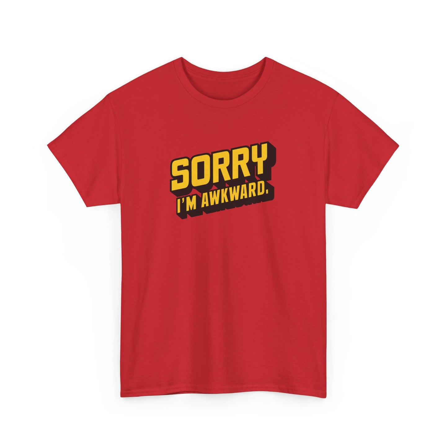 Front view of a red T-shirt with "Sorry I'm Awkward" in bold yellow text. Part of the Vivid Divergence Sensory Friendly Unisex Tees Range.
