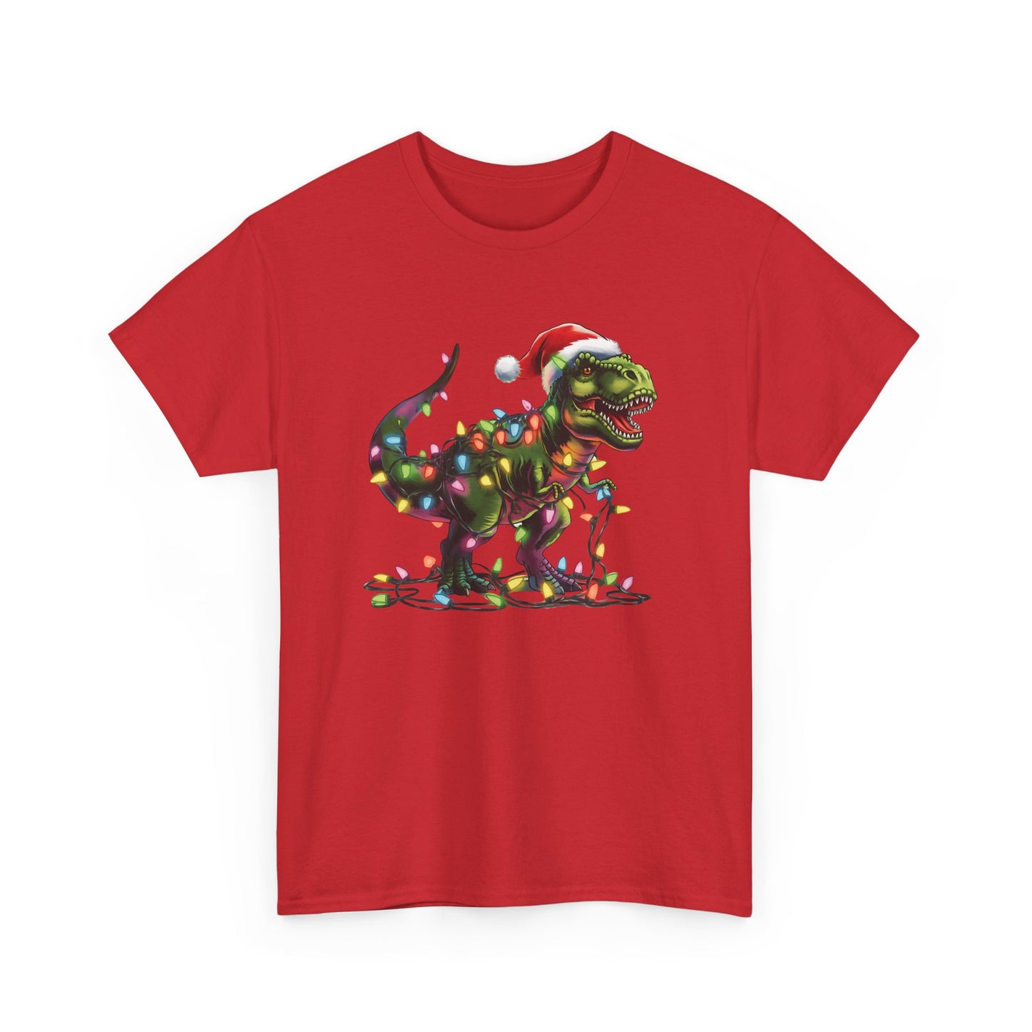 Red T-shirt featuring a playful T-Rex wrapped in Christmas lights with a Santa hat. Part of the Vivid Divergence Sensory Friendly Unisex Tees Range.