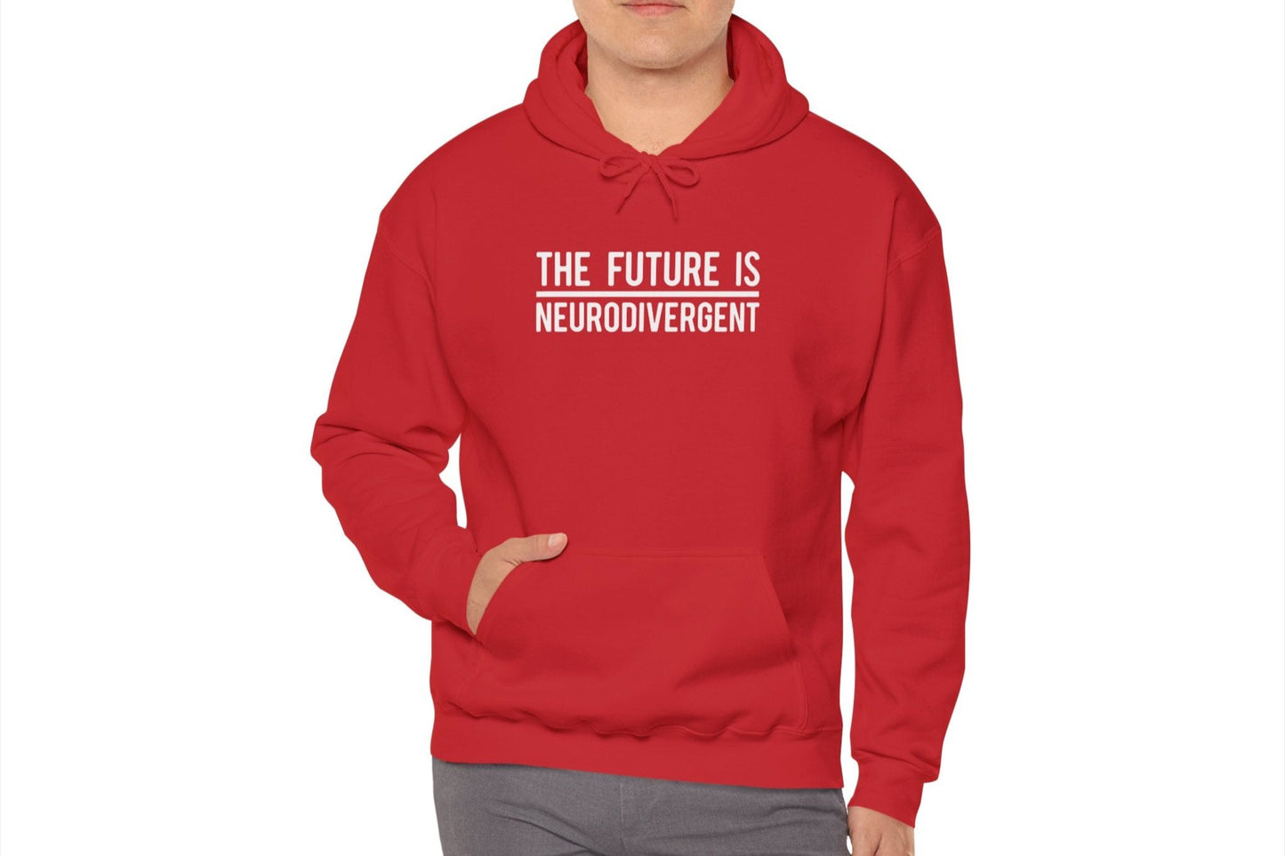 Model wearing a red hoodie featuring the text "The Future is Neurodivergent" in bold white lettering. Part of the Vivid Divergence Sensory Friendly Unisex Hoodie Range.