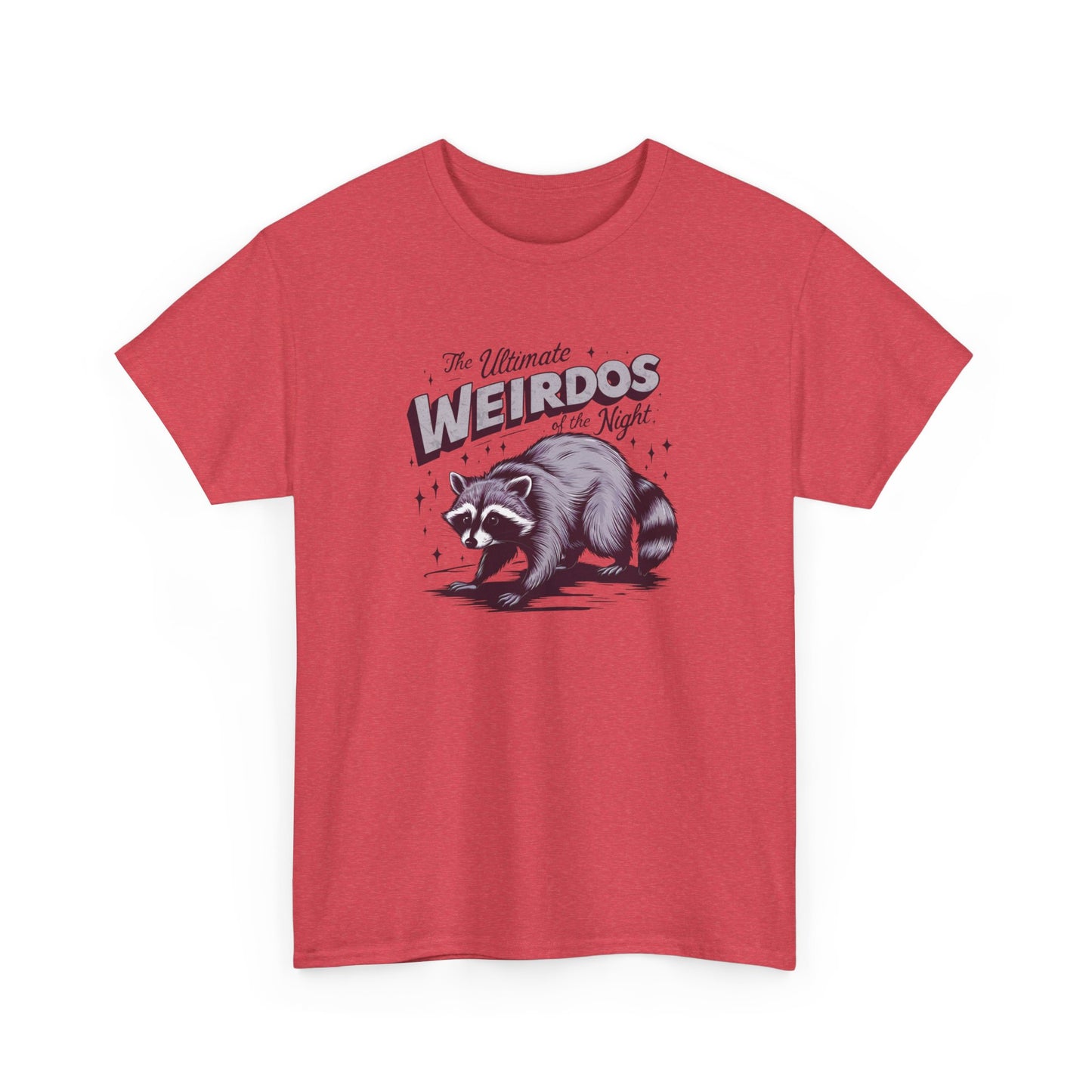 Front view of a red T-shirt with "Weirdos of the Night" and an illustrated raccoon graphic in bold purple and white text. Part of the Vivid Divergence Sensory Friendly Unisex Tees Range.
