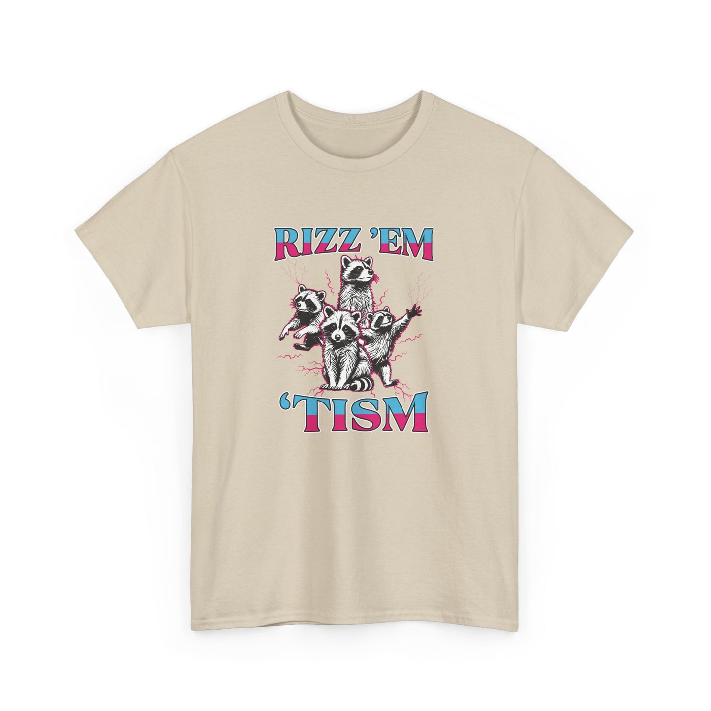 Flat-lay of a beige "RIZZ 'EM 'TISM" T-shirt with raccoon illustration on a plain background. Part of the Vivid Divergence Sensory Friendly Unisex Tees Range.
