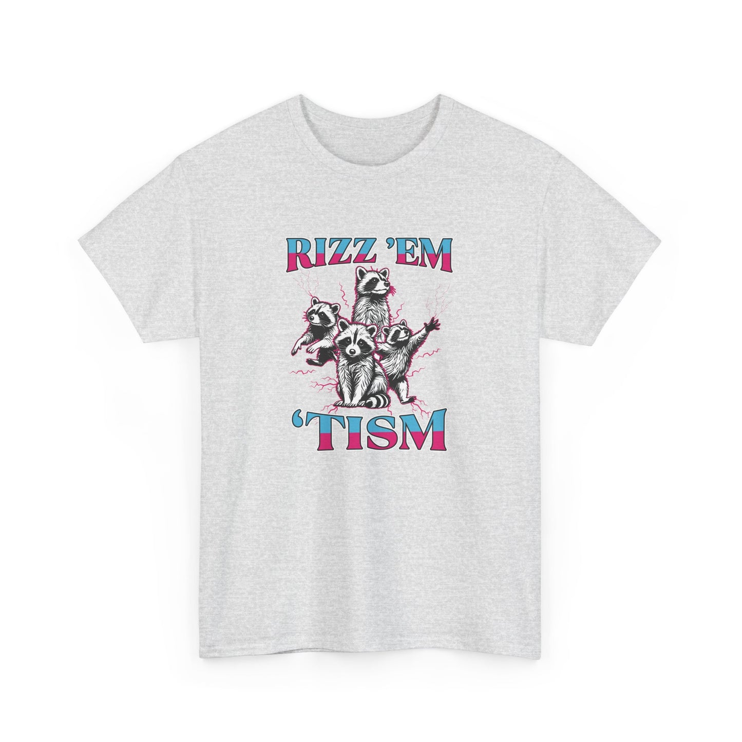 Flat-lay of a light gray "RIZZ 'EM 'TISM" T-shirt with raccoon illustration on a plain background. Part of the Vivid Divergence Sensory Friendly Unisex Tees Range.