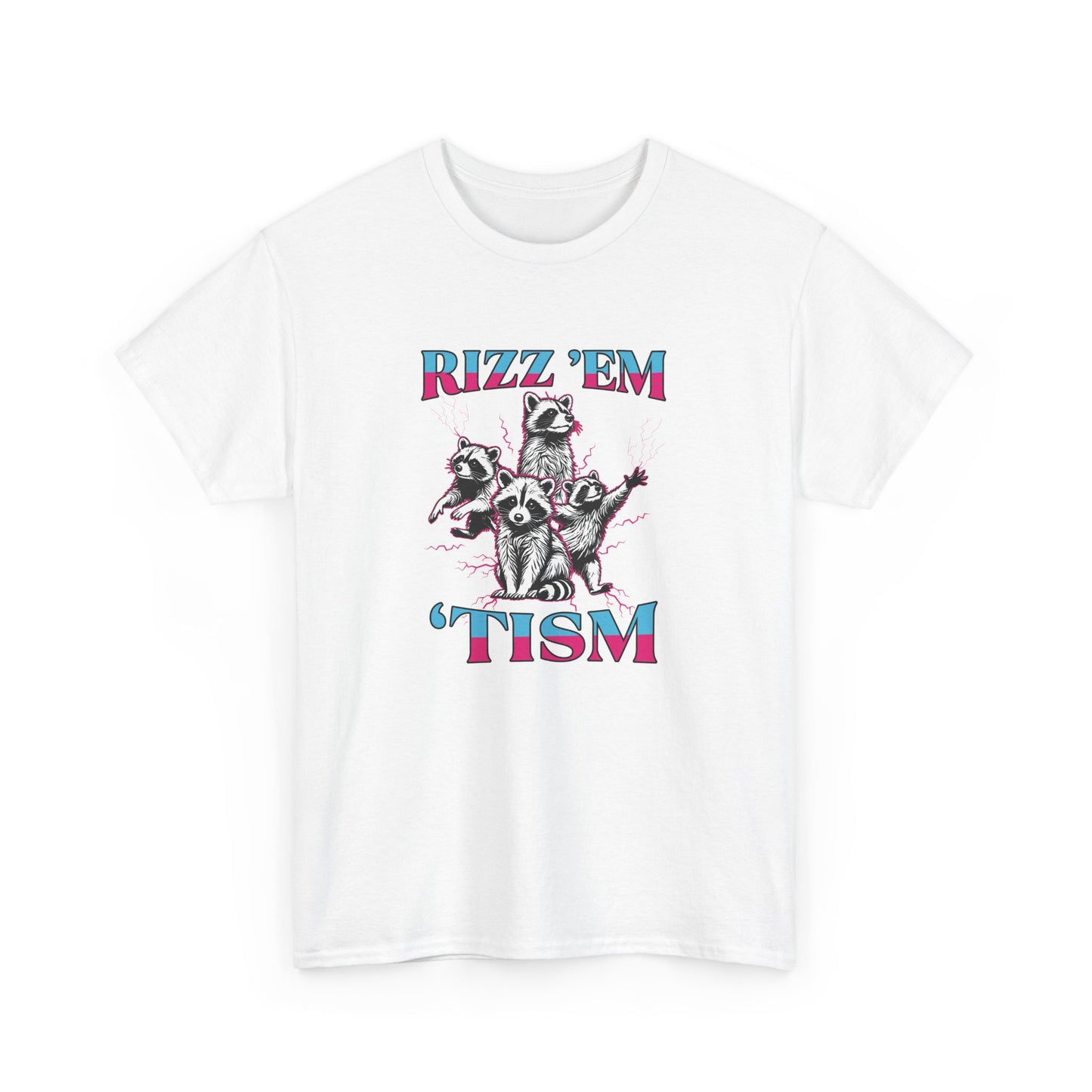 Flat-lay of a white "RIZZ 'EM 'TISM" T-shirt with raccoon illustration on a plain background. Part of the Vivid Divergence Sensory Friendly Unisex Tees Range.