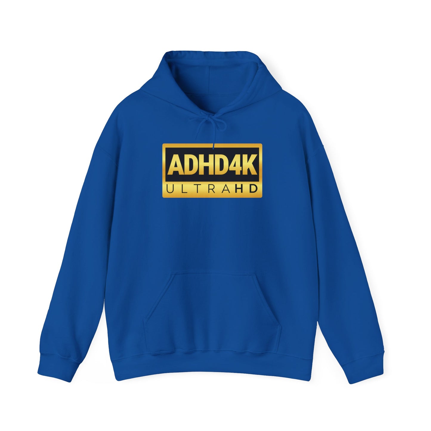Front view of a royal blue hoodie with the text "ADHD4K UltraHD" in bold yellow and black lettering inside a rectangular design. Part of the Vivid Divergence Sensory Friendly Unisex Hoodie Range.