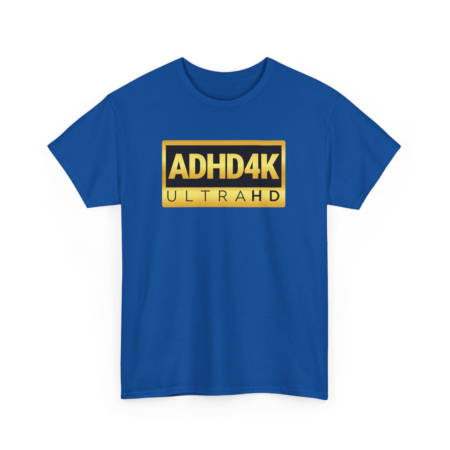 Front view of a royal blue ADHD4K UltraHD T-shirt with yellow and white text. Part of the Vivid Divergence Sensory Friendly Unisex Tees Range.