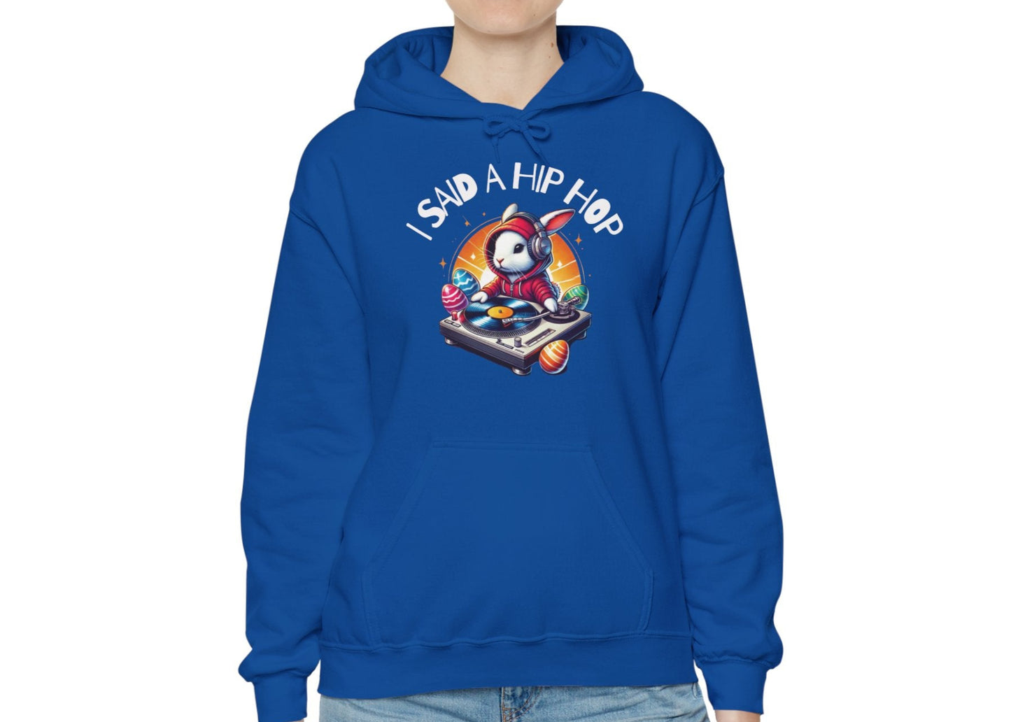 Woman in royal blue hoodie with bold Easter hip hop graphic. Part of the Vivid Divergence Sensory Friendly Unisex Hoodies Range.