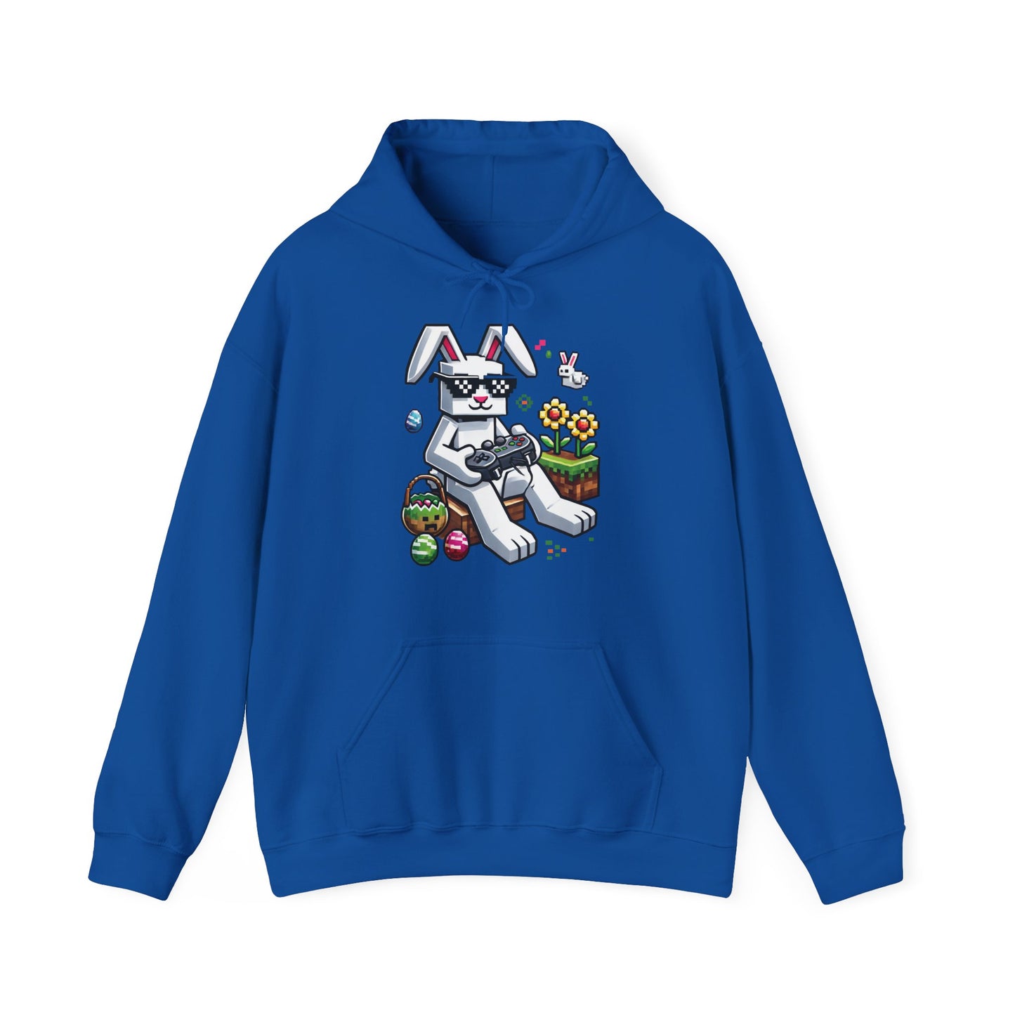 Front view of royal blue hoodie featuring Minecraft-style bunny and colorful eggs. Part of the Vivid Divergence Sensory Friendly Unisex Hoodies Range.