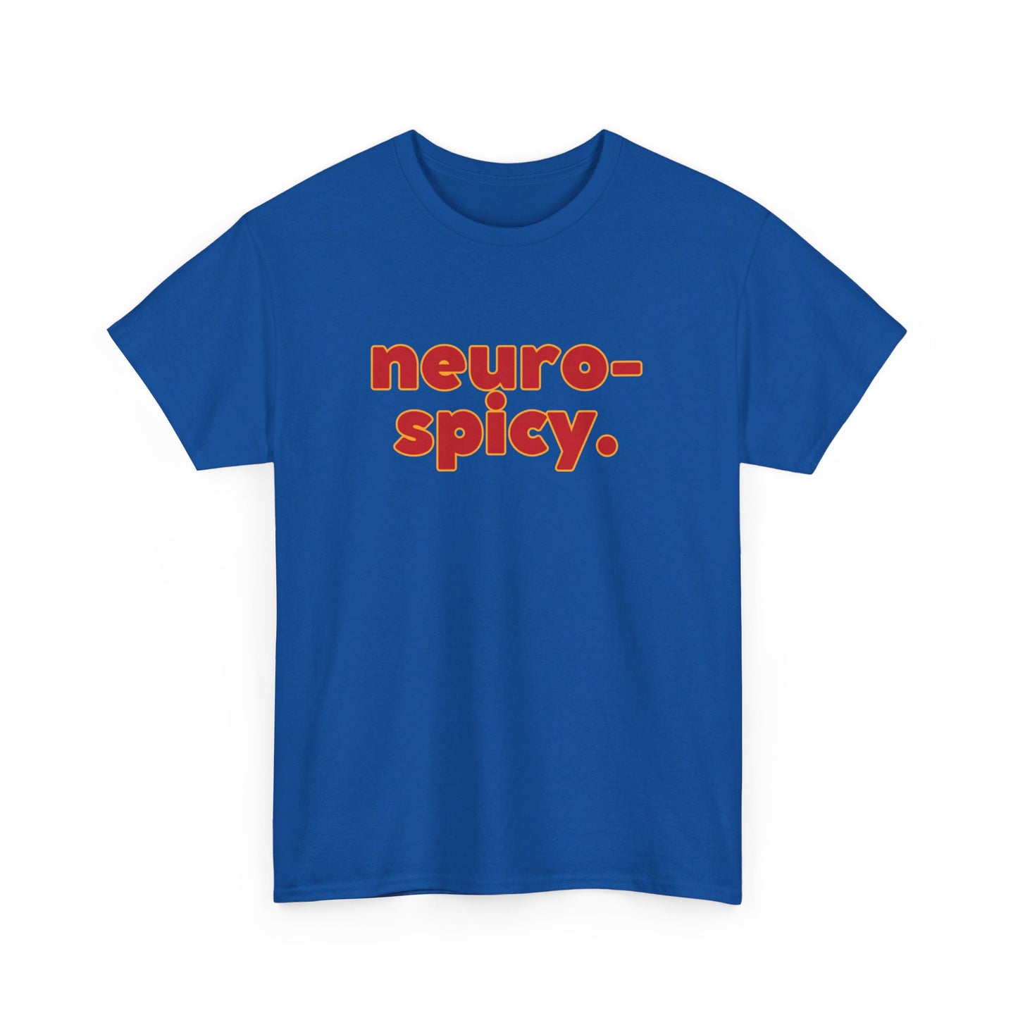Front view of a royal blue T-shirt with the text "Neuro-Spicy" in retro-style lettering. Part of the Vivid Divergence Sensory Friendly Unisex Tees Range.