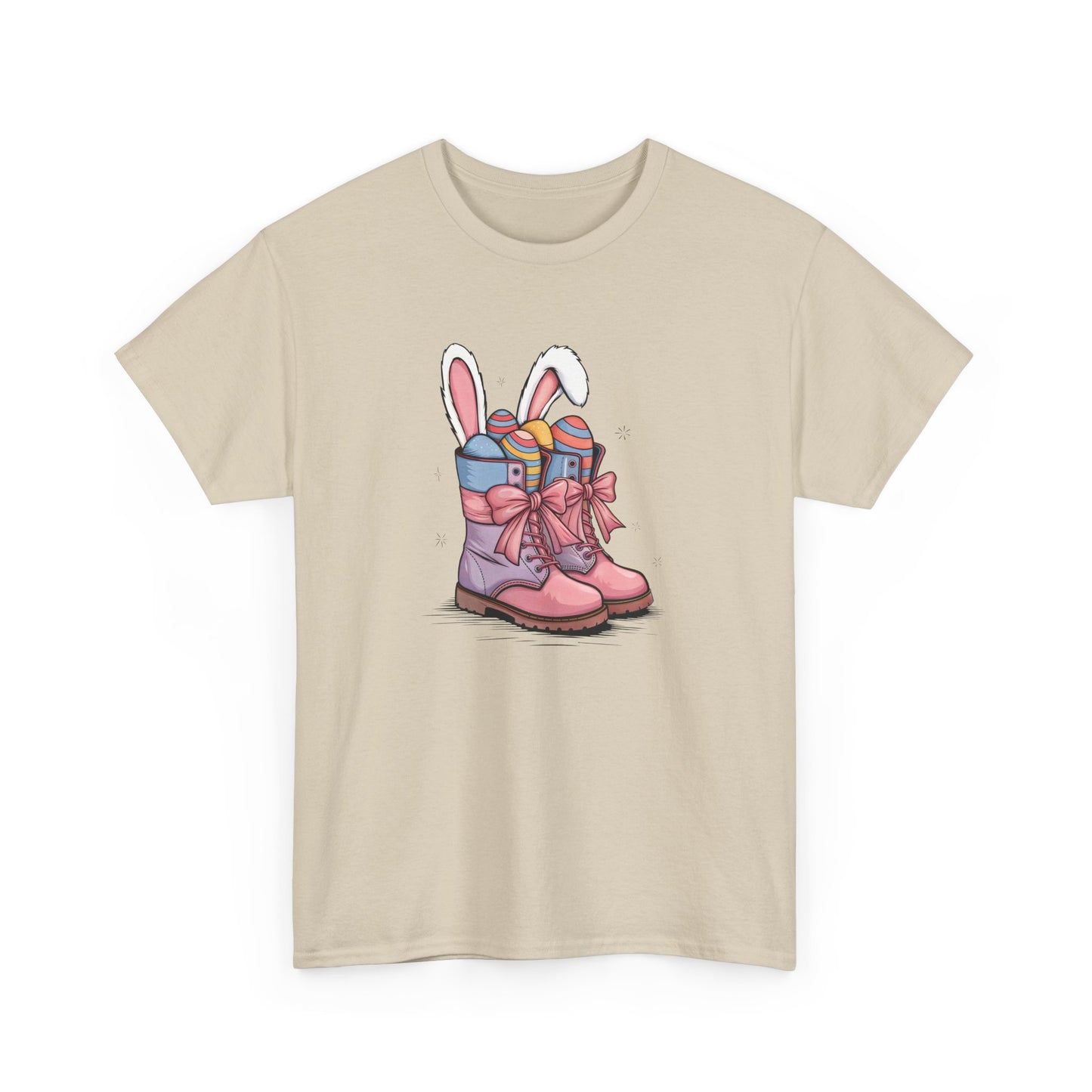 Sand Easter T-shirt showcasing cowgirl boots with bunny ears and Easter eggs, a rustic and stylish holiday look. Hop into the season in style and shop Easter shirts online today!