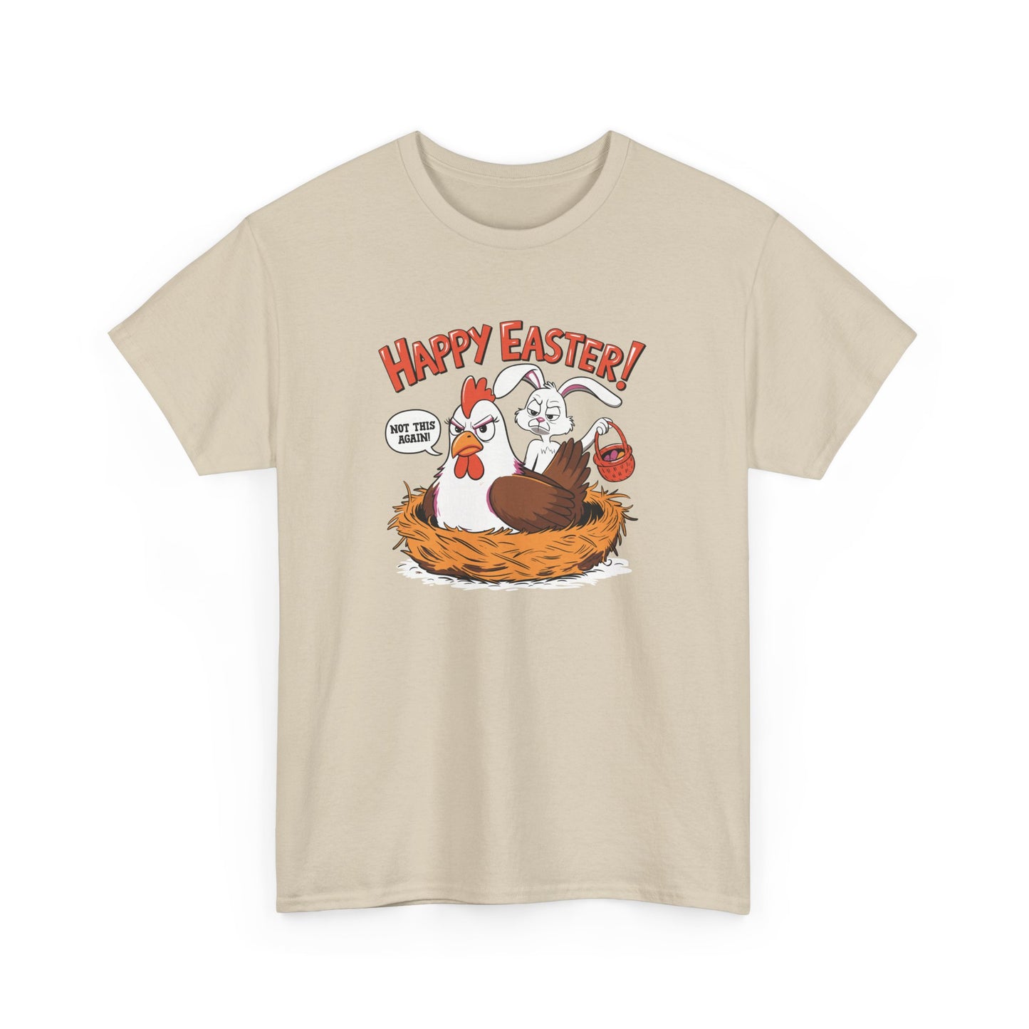 Sand Easter T-shirt decorated with a confused hen and a sneaky bunny, making for a hilarious Easter wardrobe choice. Hop into the season in style and shop Easter shirts online today!
