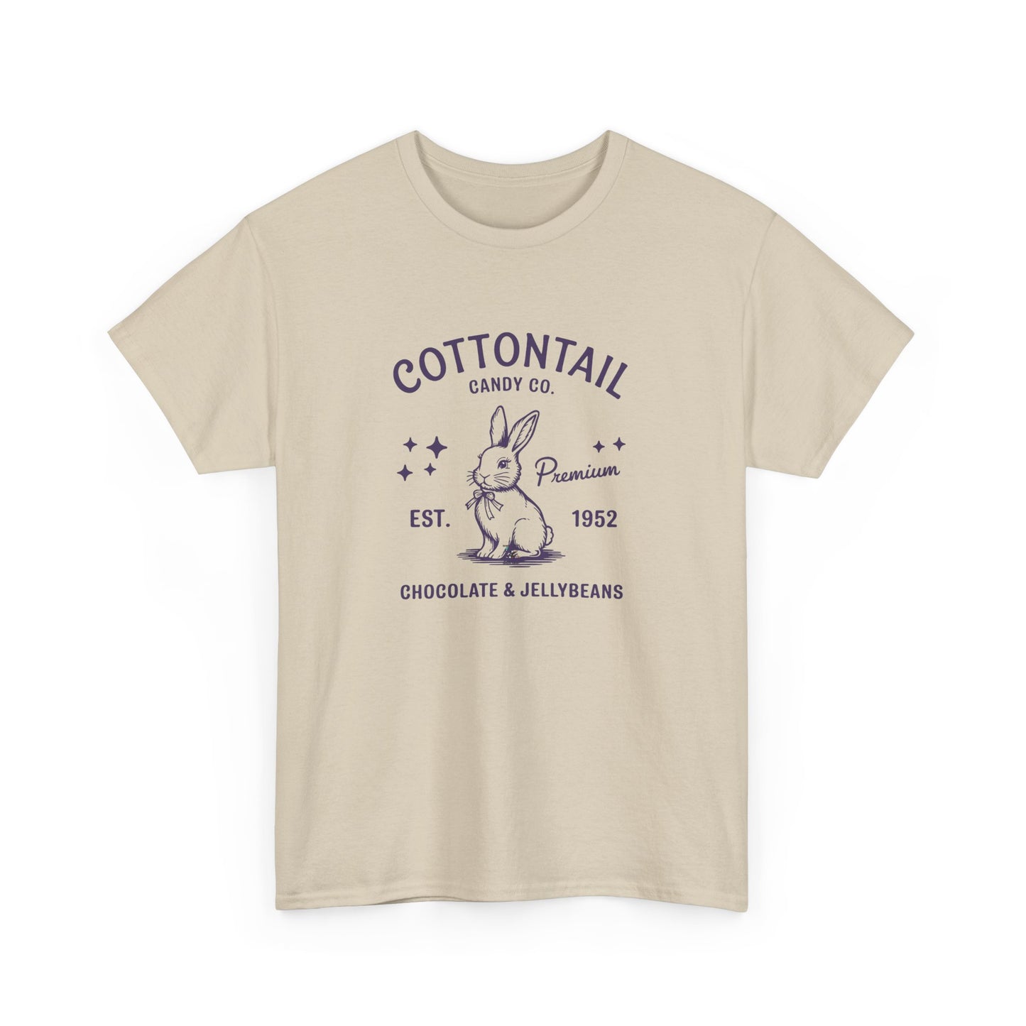 Sand Easter T-shirt decorated with a timeless "Cottontail Candy Co." bunny logo, bringing classic charm to Easter fashion. Hop into the season in style and shop Easter shirts online today!