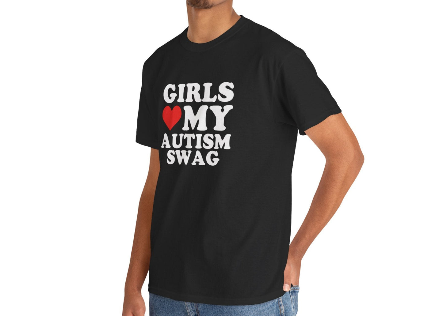 Side view of a person wearing a black T-shirt with the text "Girls Love My Autism Swag" featuring a red heart design. Part of the Vivid Divergence Sensory Friendly Unisex Tees Range.