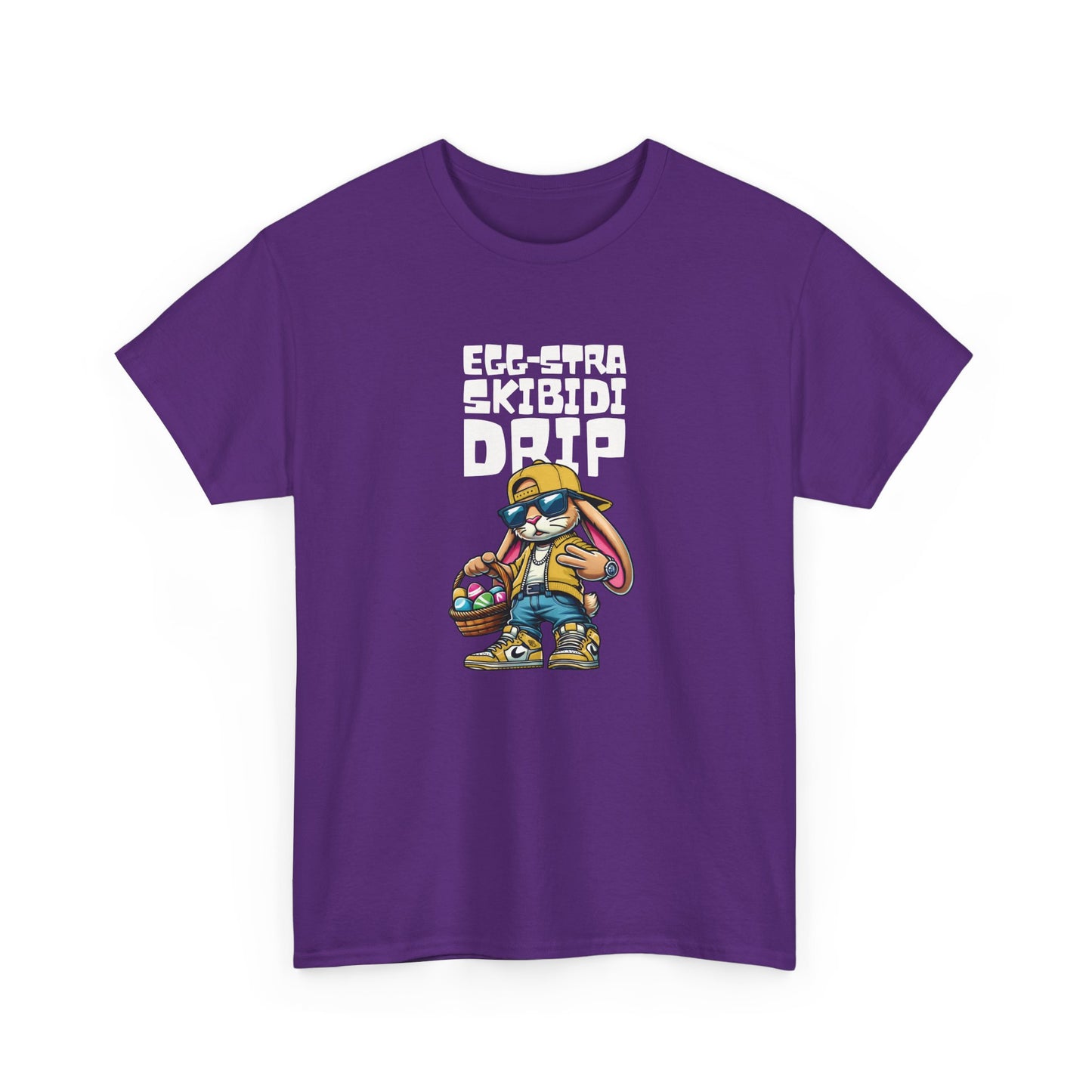 Front view of a purple Skibidi Drip Easter T-shirt featuring a dripped-out bunny with "Eggstra Skibidi Drip" text. A stylish and meme-worthy skibidi rizz Easter shirt. Part of the Vivid Divergence Sensory Friendly Unisex Tees Range.