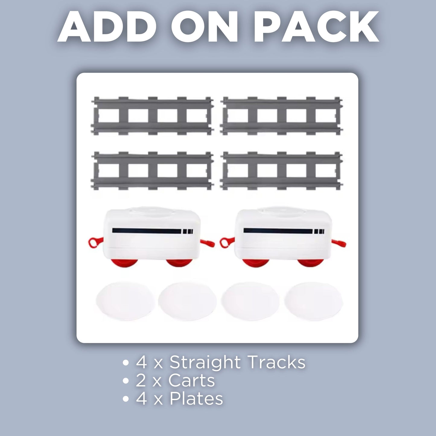 "Add On Pack" for Tasty Tracks, including four straight tracks, two extra carts, and four round food plates to expand the mealtime train experience.