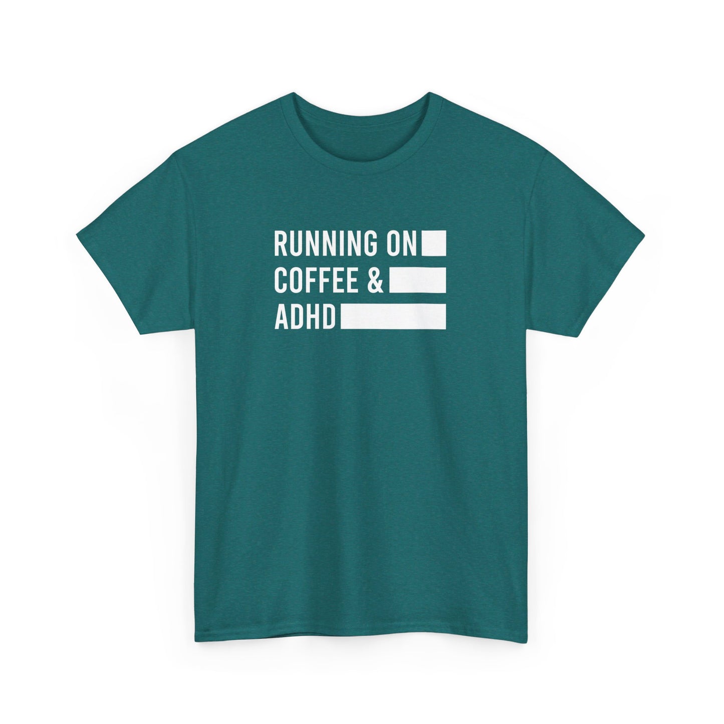 Front view of a teal T-shirt with "Running on Coffee & ADHD" in bold white text. Part of the Vivid Divergence Sensory Friendly Unisex Tees Range.