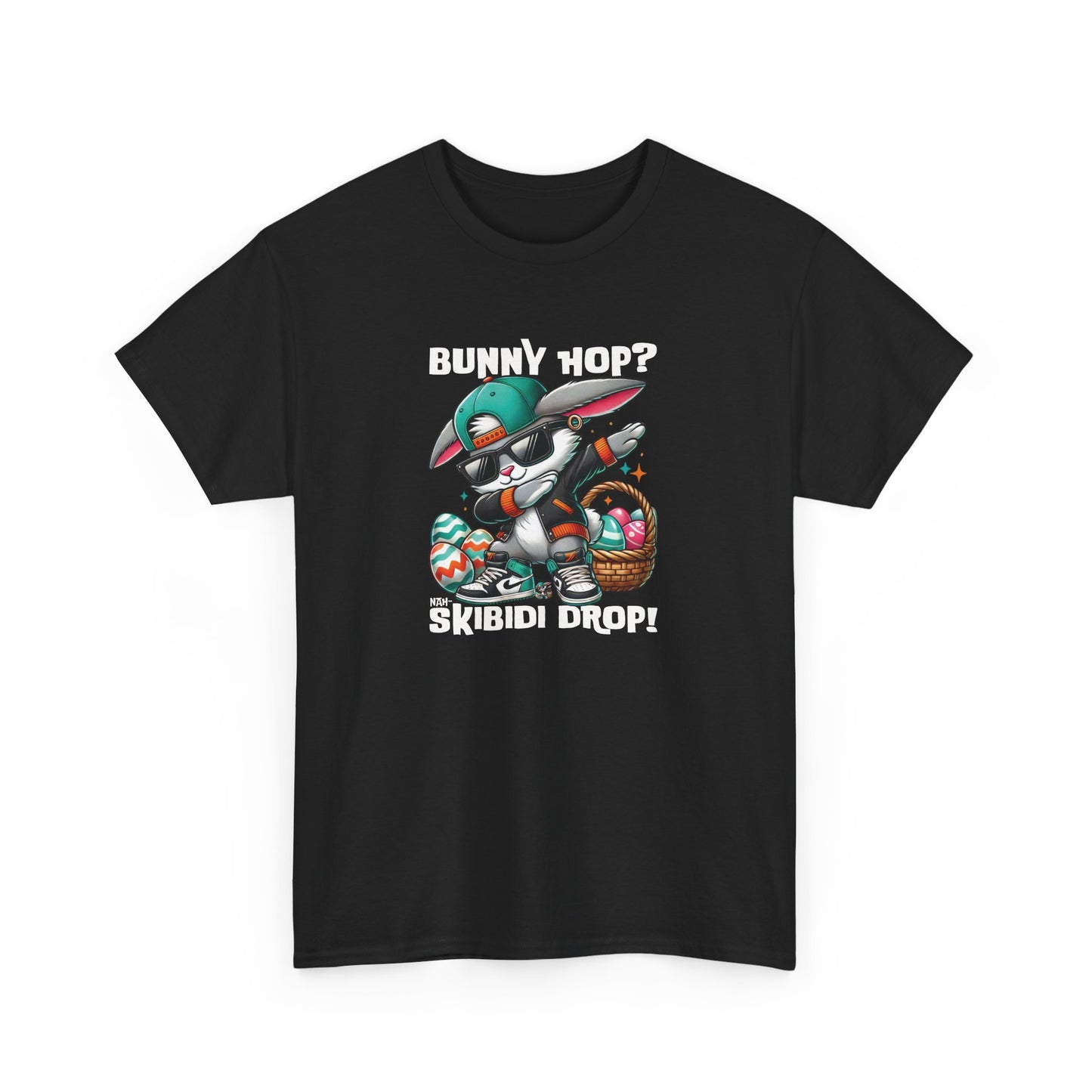 Front view of a viral meme-inspired T-shirt in black. A bold, trendy shirt featuring a dabbing Easter bunny with "Bunny Hop? Nah, Skibidi Drop!" text. Packed with skibidi sigma energy for Easter celebrations. Part of the Vivid Divergence Sensory Friendly Unisex Tees Range.