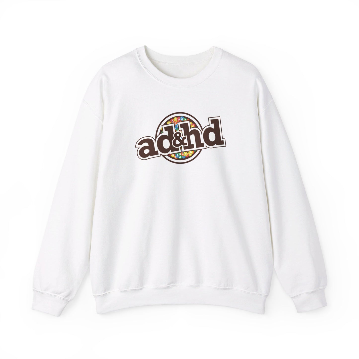 ront view of a white sweater jumper with an "ADHD" m&m brand parody design in brown and yellow tones. Part of the Vivid Divergence Sensory Friendly Unisex Sweater Jumper Range.
