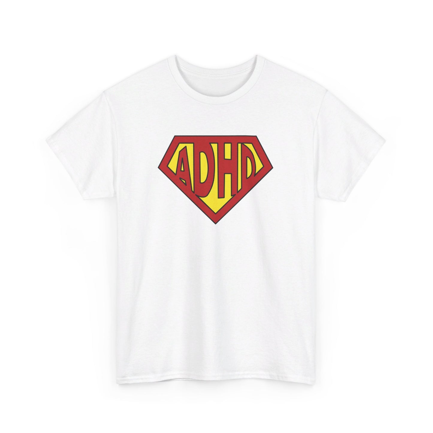 Front view of a white T-shirt with a yellow and red ADHD logo styled in the Superman symbol. Part of the Vivid Divergence Sensory Friendly Unisex Tees Range.